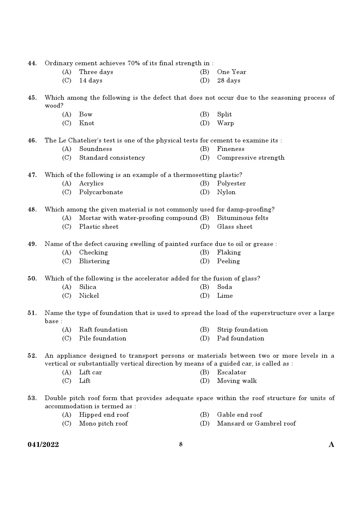 KPSC Architectural Draftsman Grade I Exam 2022 Code 0412022 6