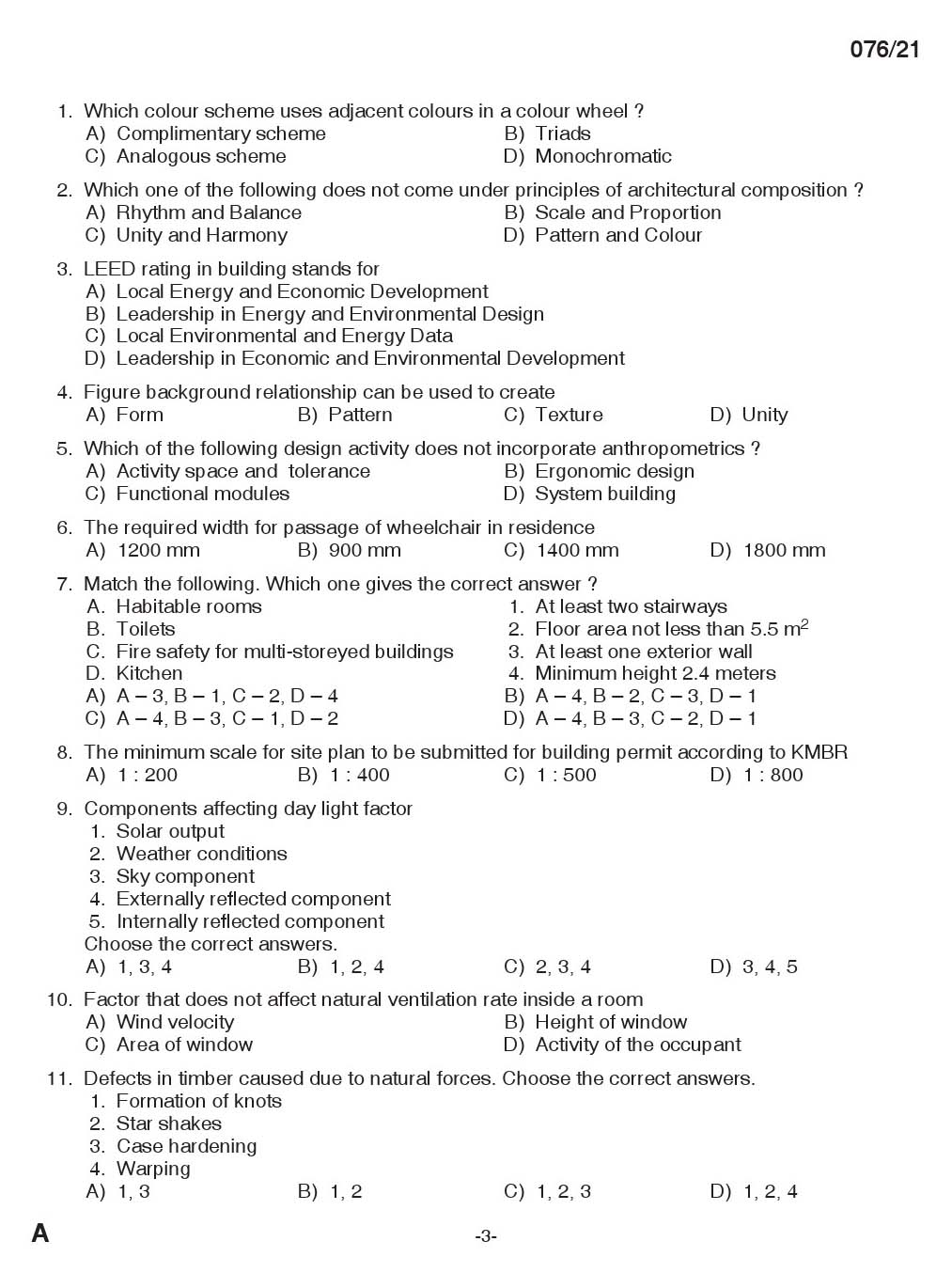 KPSC Architectural Head Draftsman Exam 2021 Code 0762021 2