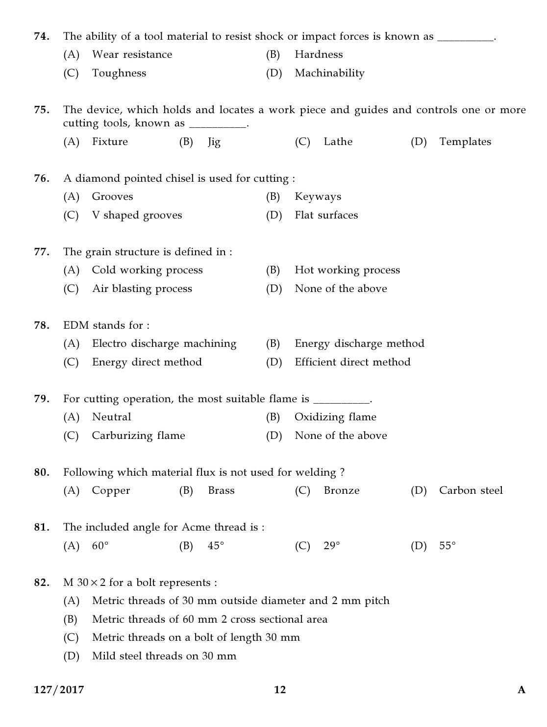 KPSC Draftman Grade II Mechanical Exam 2017 Code 1272017 11