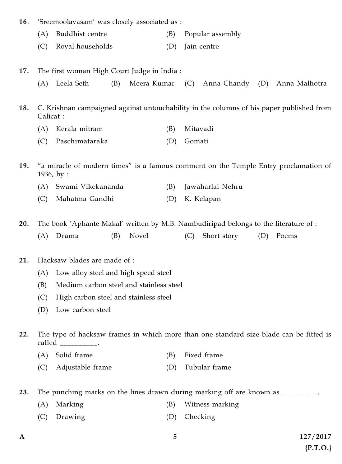 KPSC Draftman Grade II Mechanical Exam 2017 Code 1272017 4