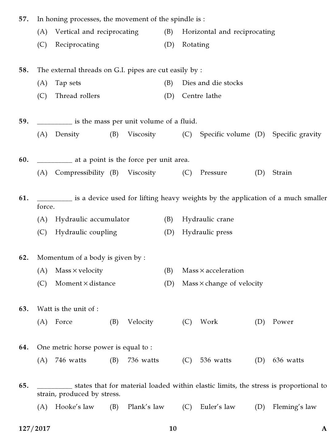 KPSC Draftman Grade II Mechanical Exam 2017 Code 1272017 9