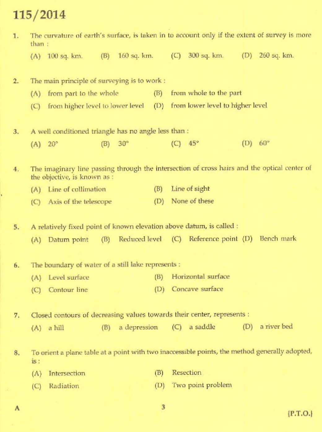 KPSC Draftsman and Surveyor Mining and Geology Exam 2014 Code 1152014 1