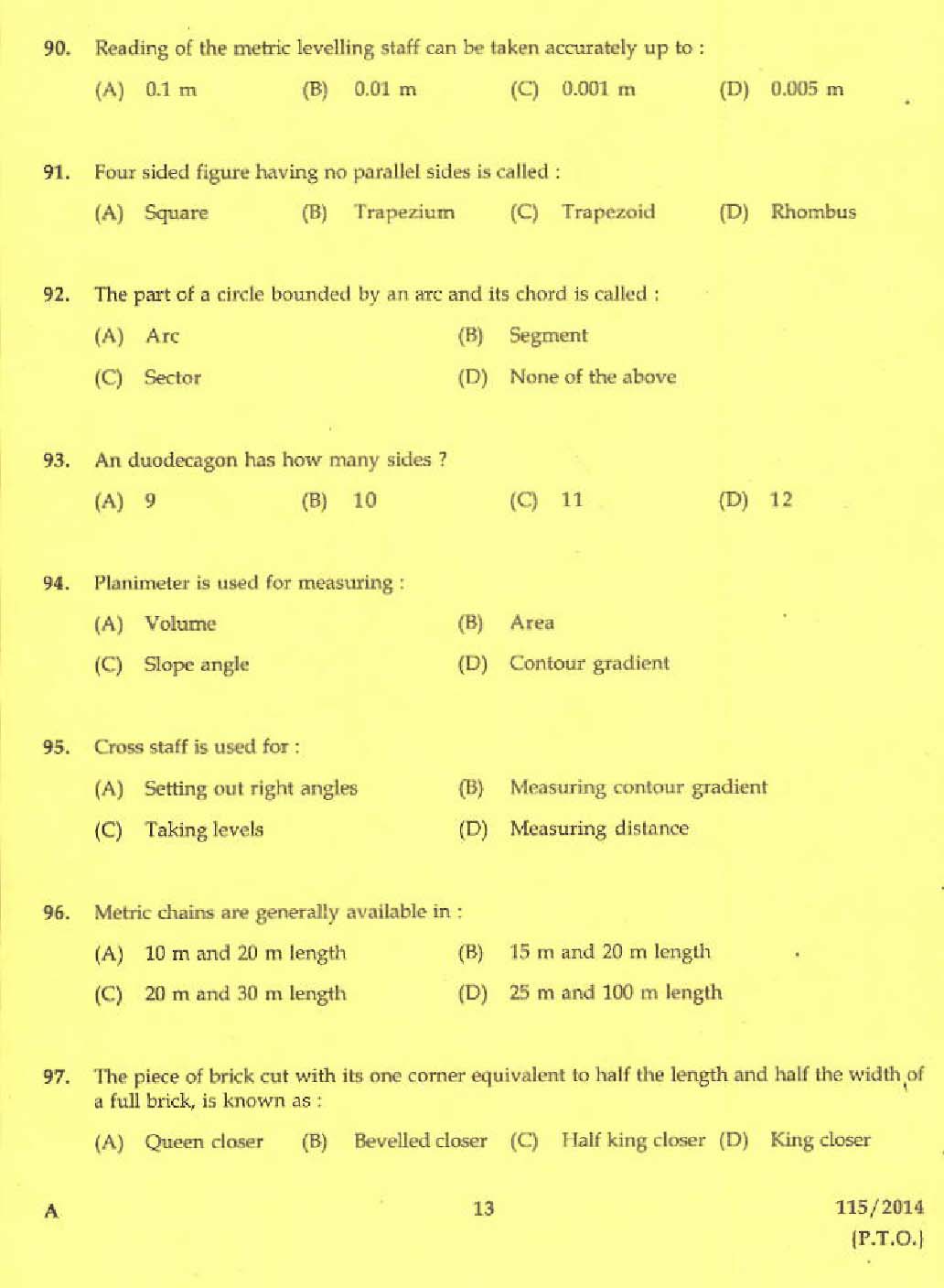 KPSC Draftsman and Surveyor Mining and Geology Exam 2014 Code 1152014 11