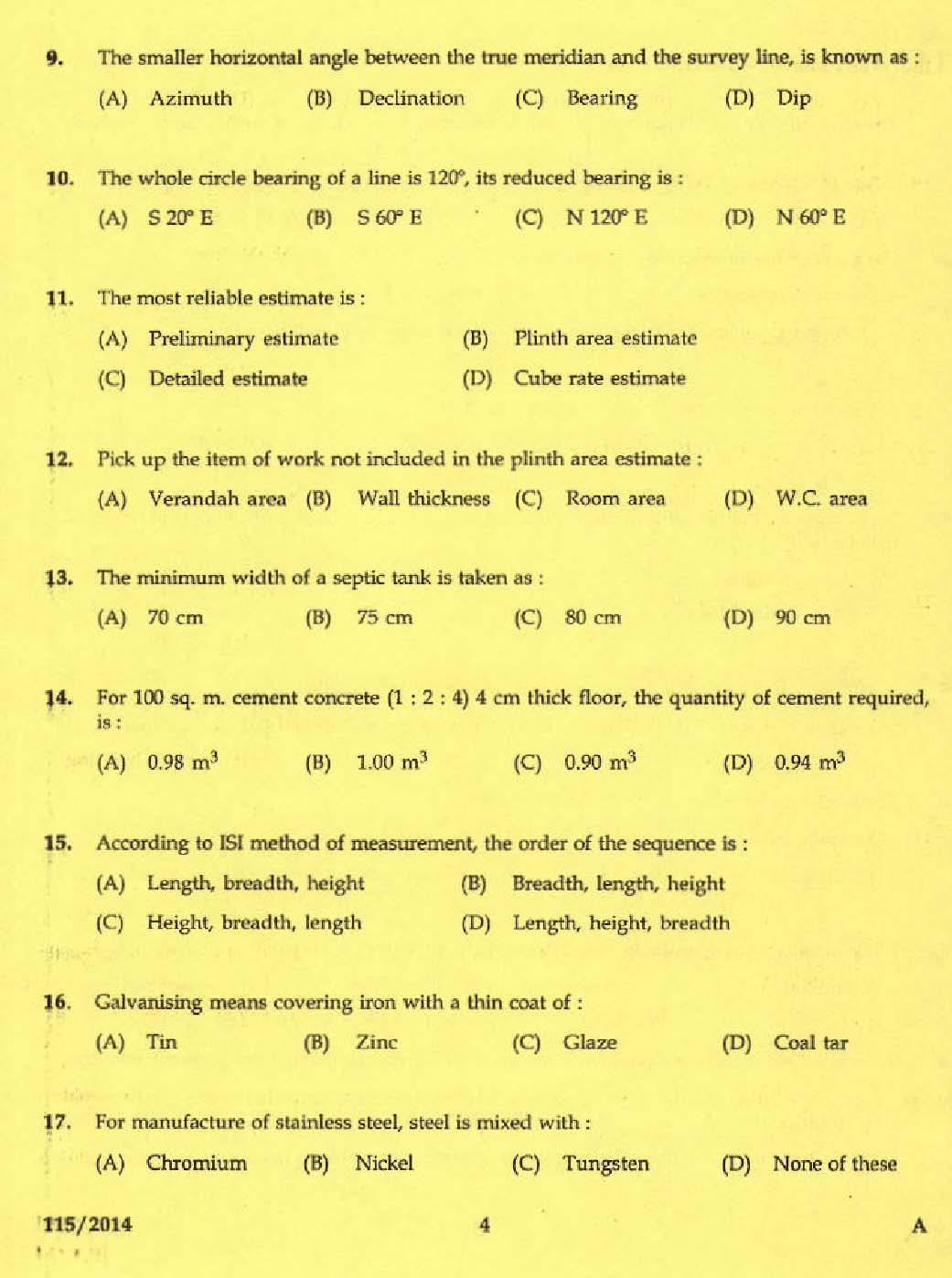 KPSC Draftsman and Surveyor Mining and Geology Exam 2014 Code 1152014 2