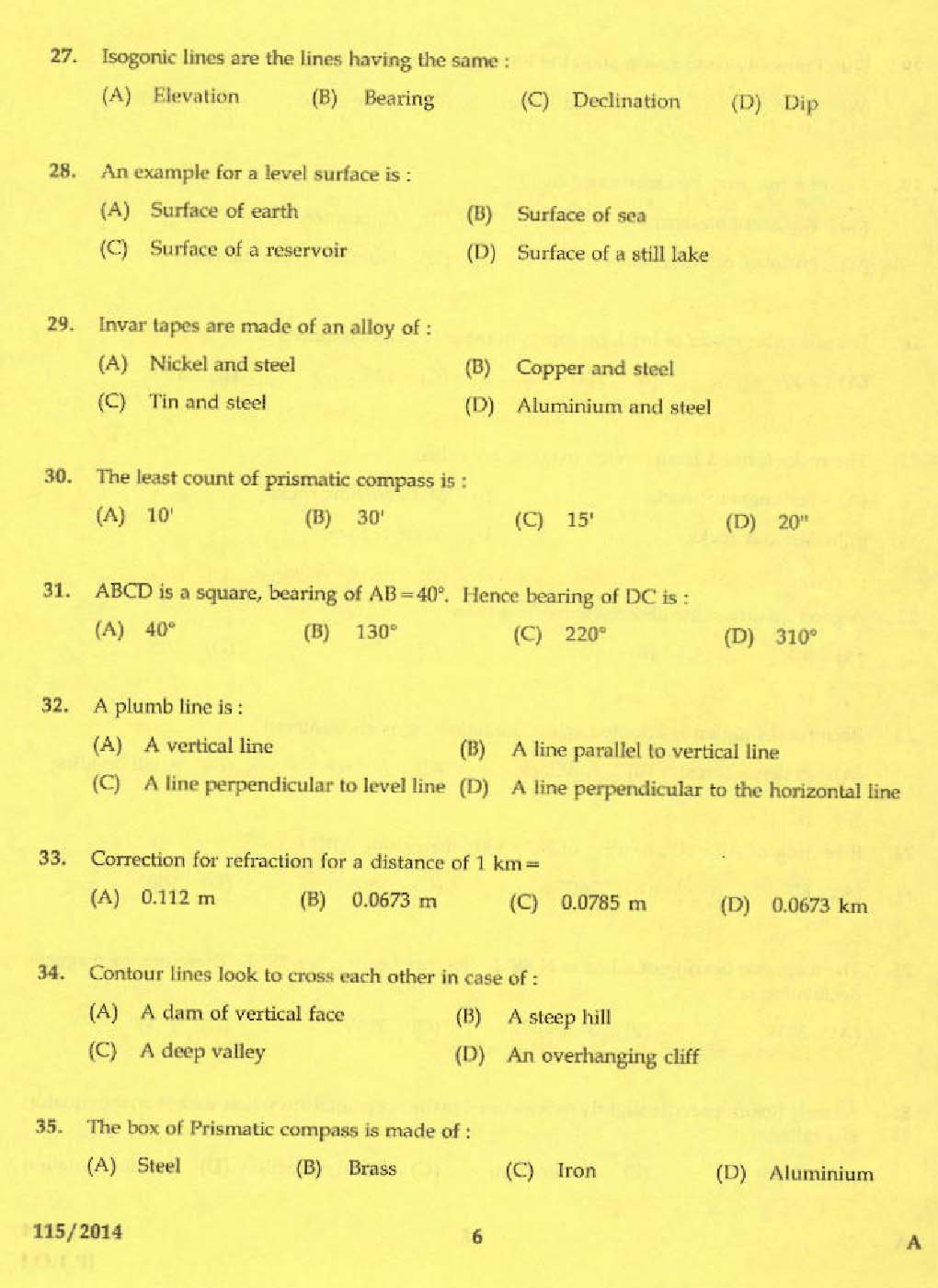 KPSC Draftsman and Surveyor Mining and Geology Exam 2014 Code 1152014 4