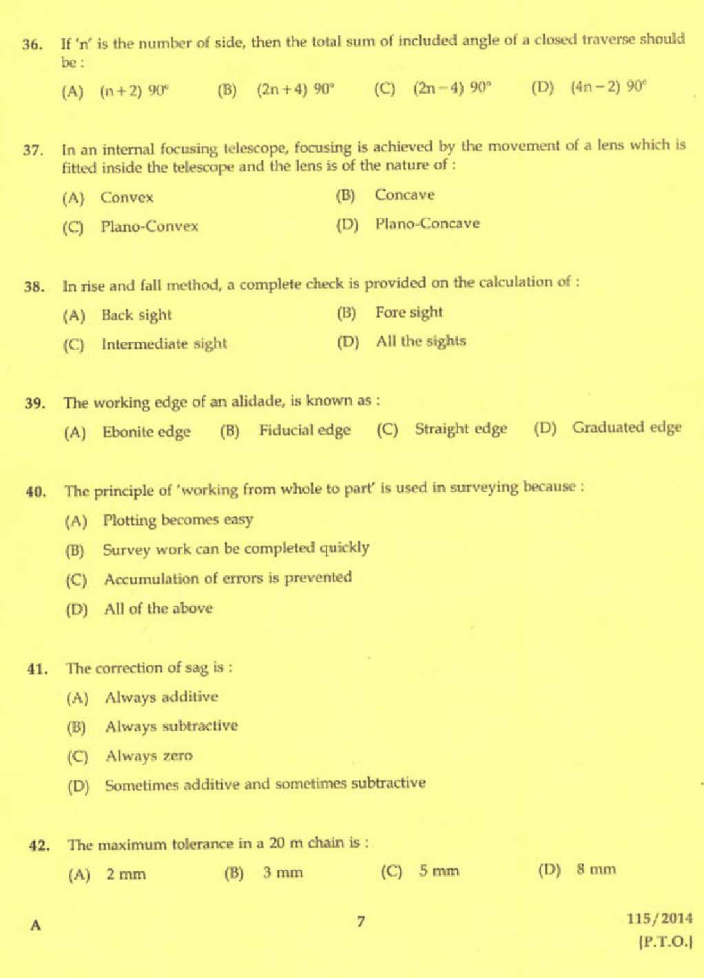 KPSC Draftsman and Surveyor Mining and Geology Exam 2014 Code 1152014 5