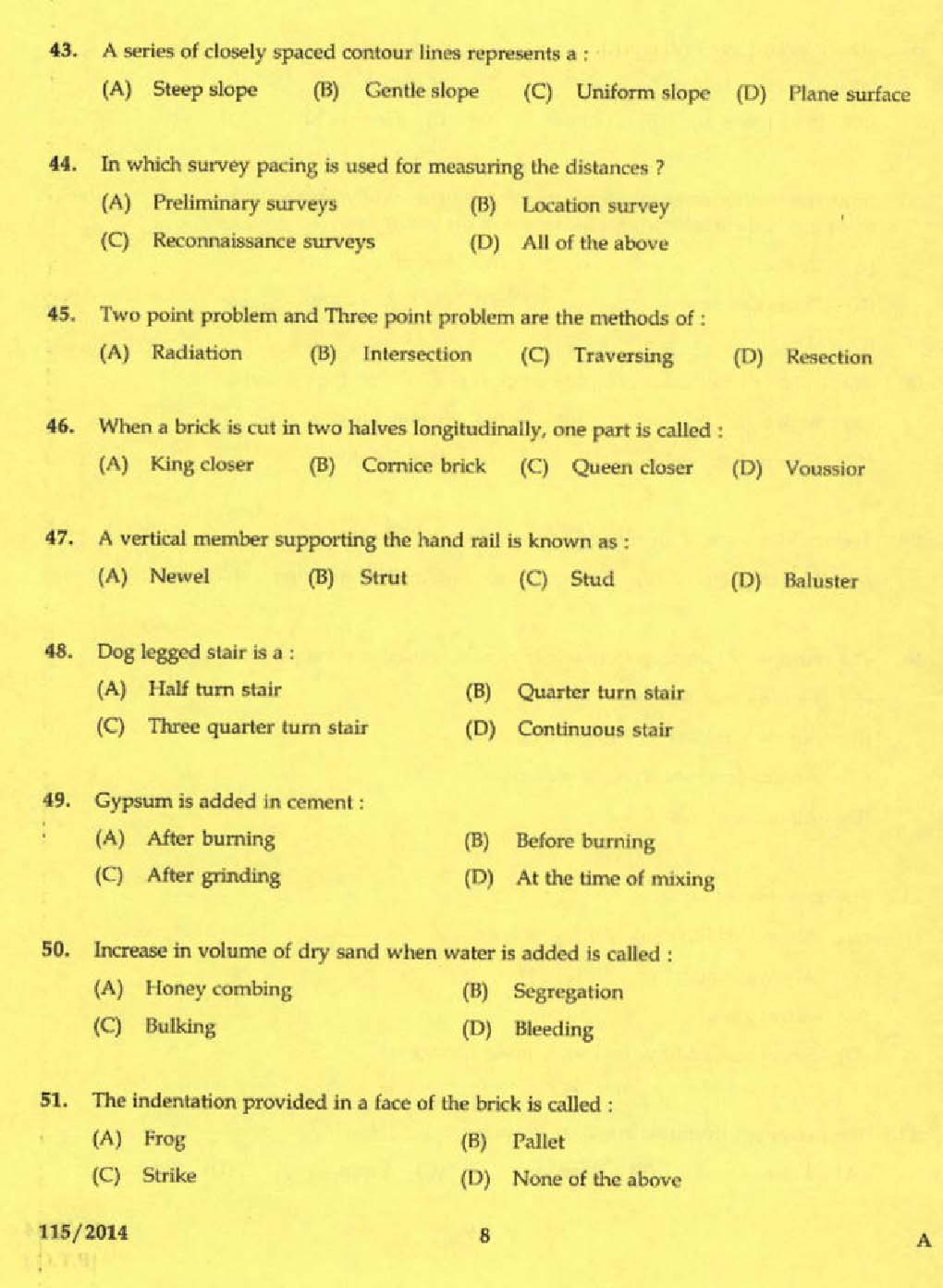 KPSC Draftsman and Surveyor Mining and Geology Exam 2014 Code 1152014 6