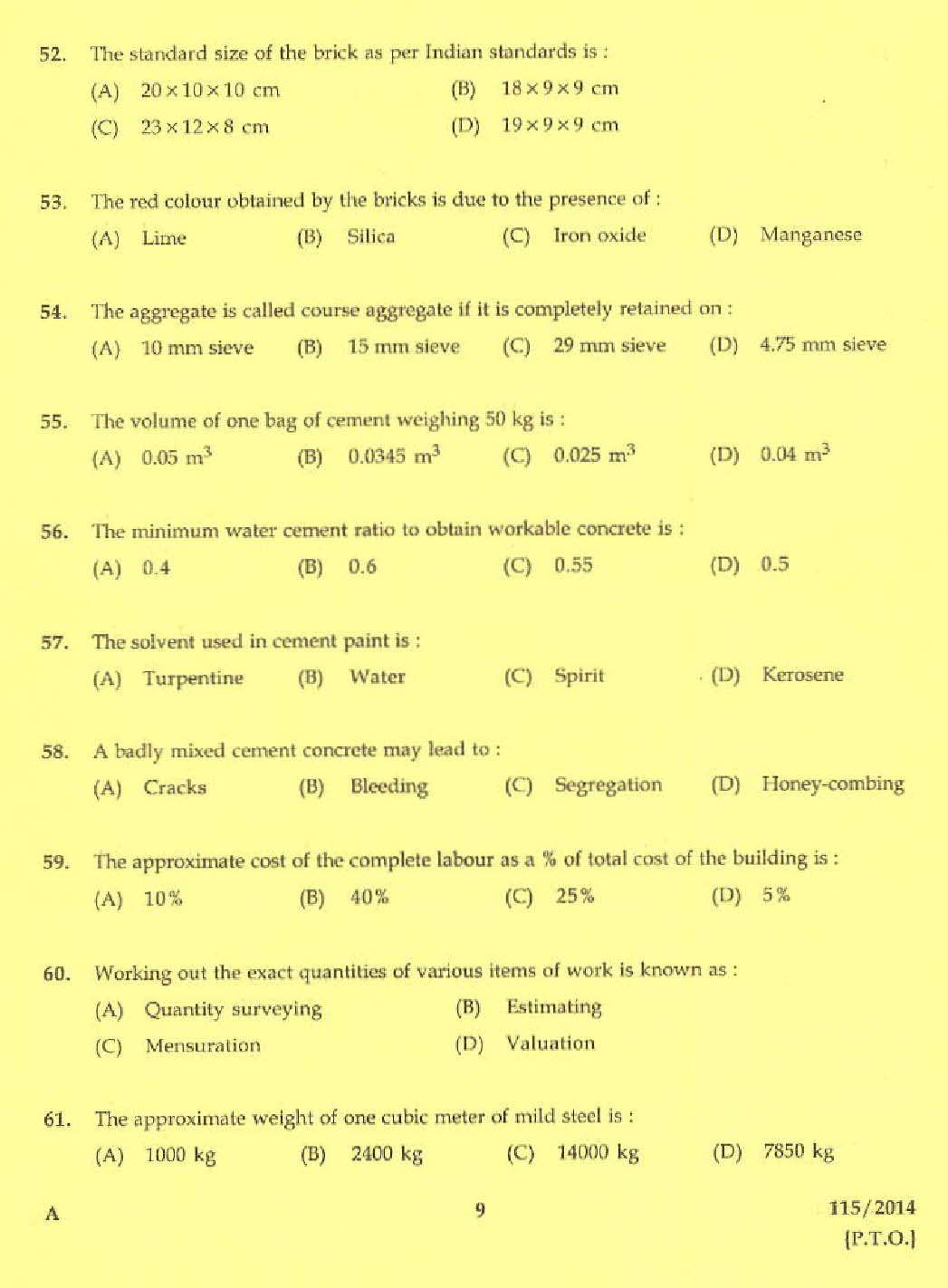 KPSC Draftsman and Surveyor Mining and Geology Exam 2014 Code 1152014 7