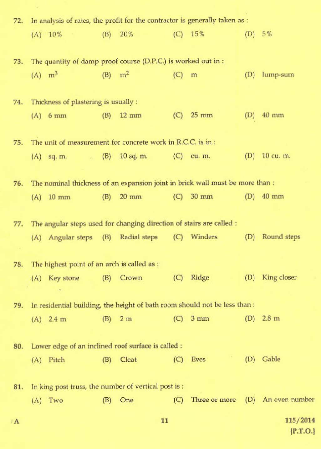 KPSC Draftsman and Surveyor Mining and Geology Exam 2014 Code 1152014 9