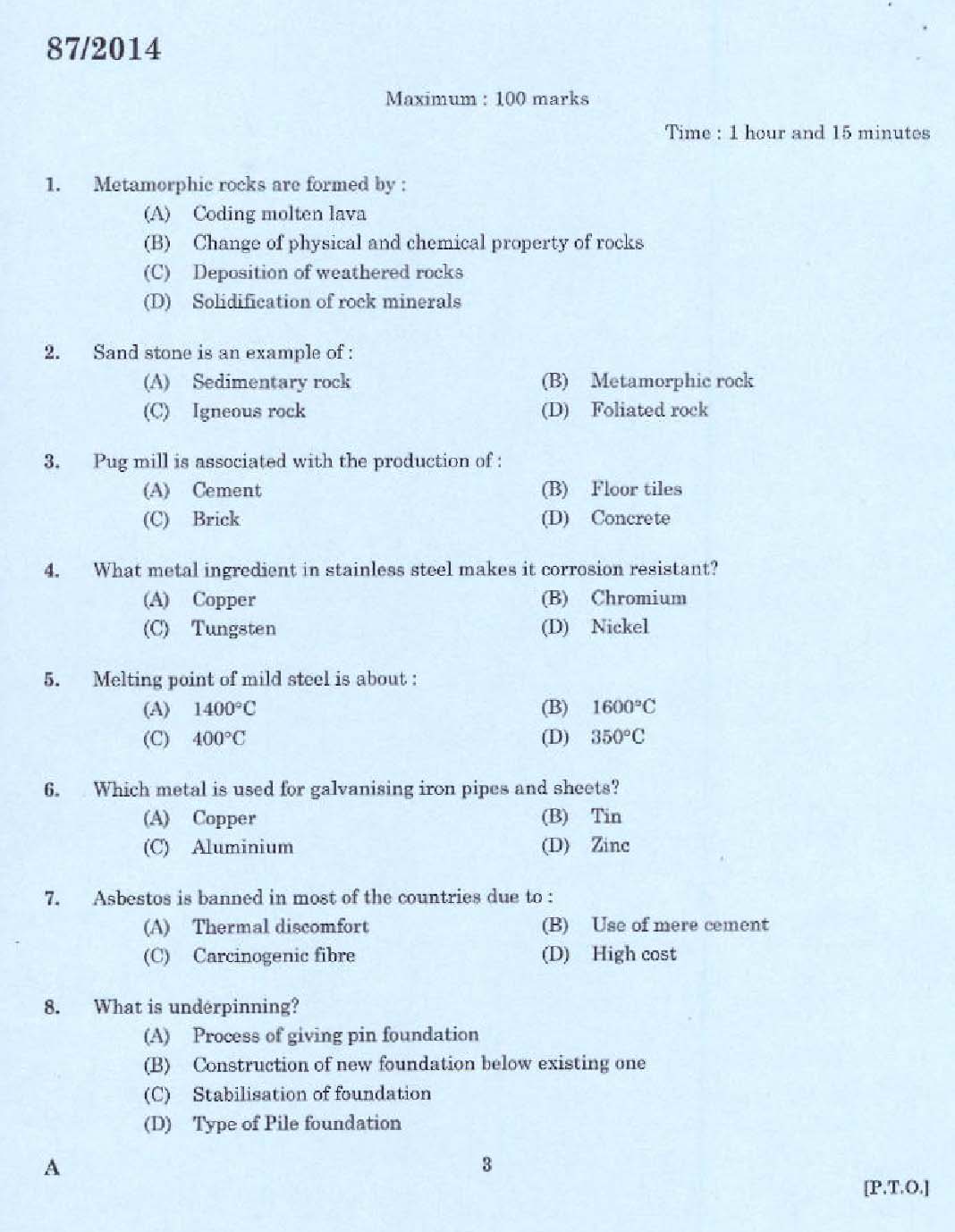 KPSC Draftsman Grade I Civil Exam 2014 Code 872014 1