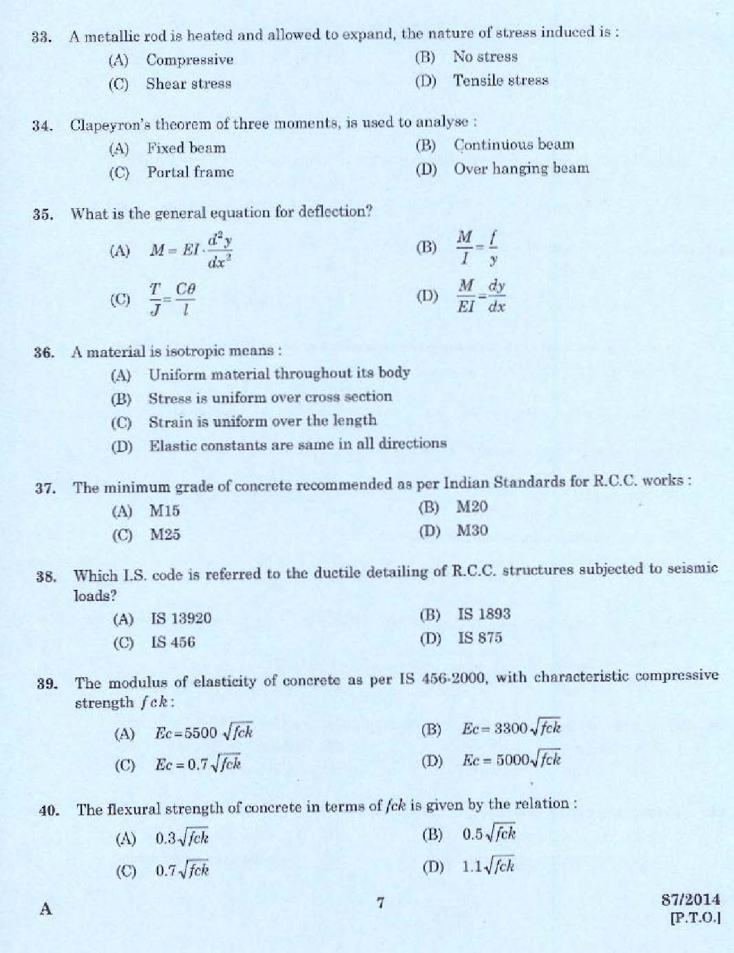 KPSC Draftsman Grade I Civil Exam 2014 Code 872014 5