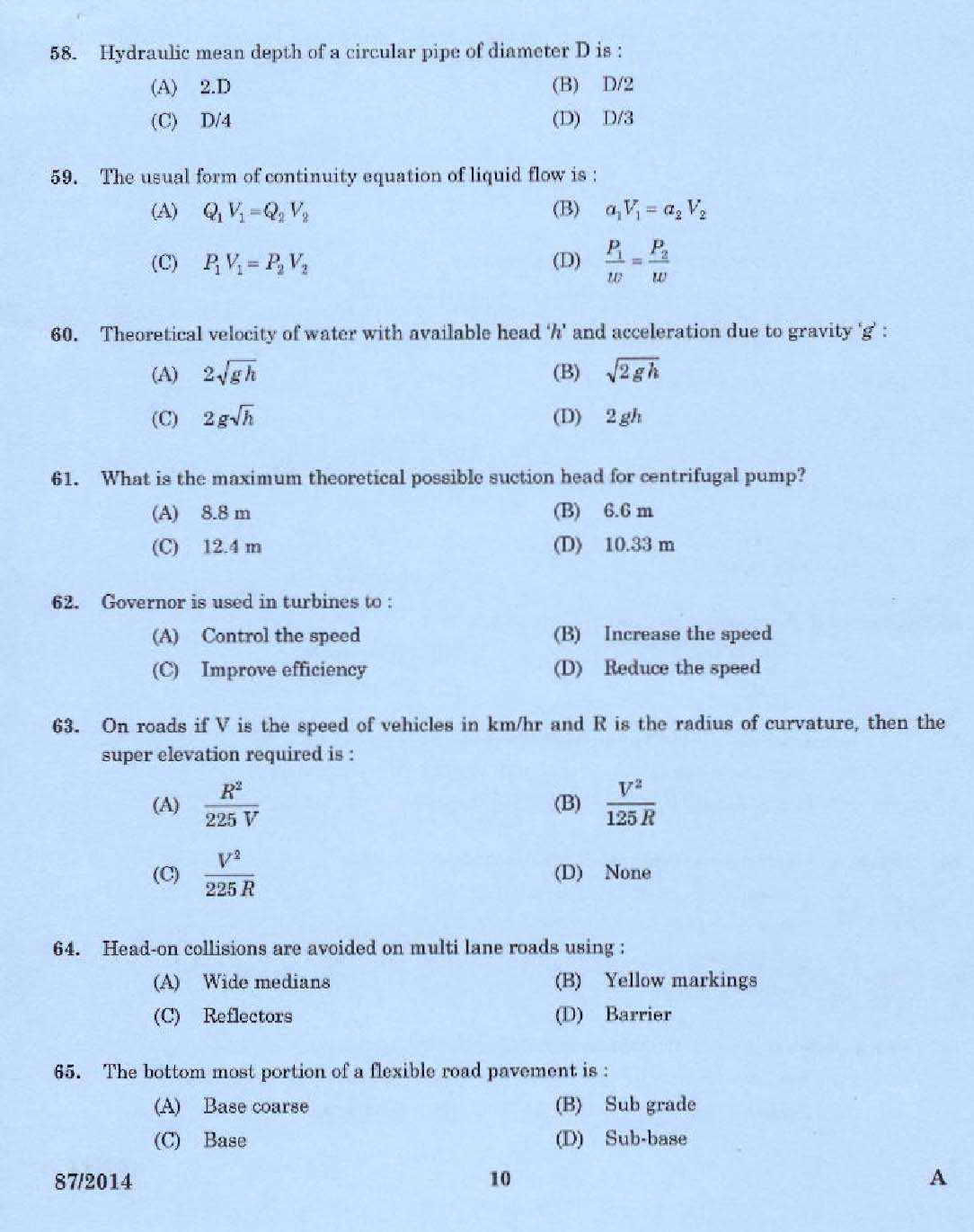 KPSC Draftsman Grade I Civil Exam 2014 Code 872014 6