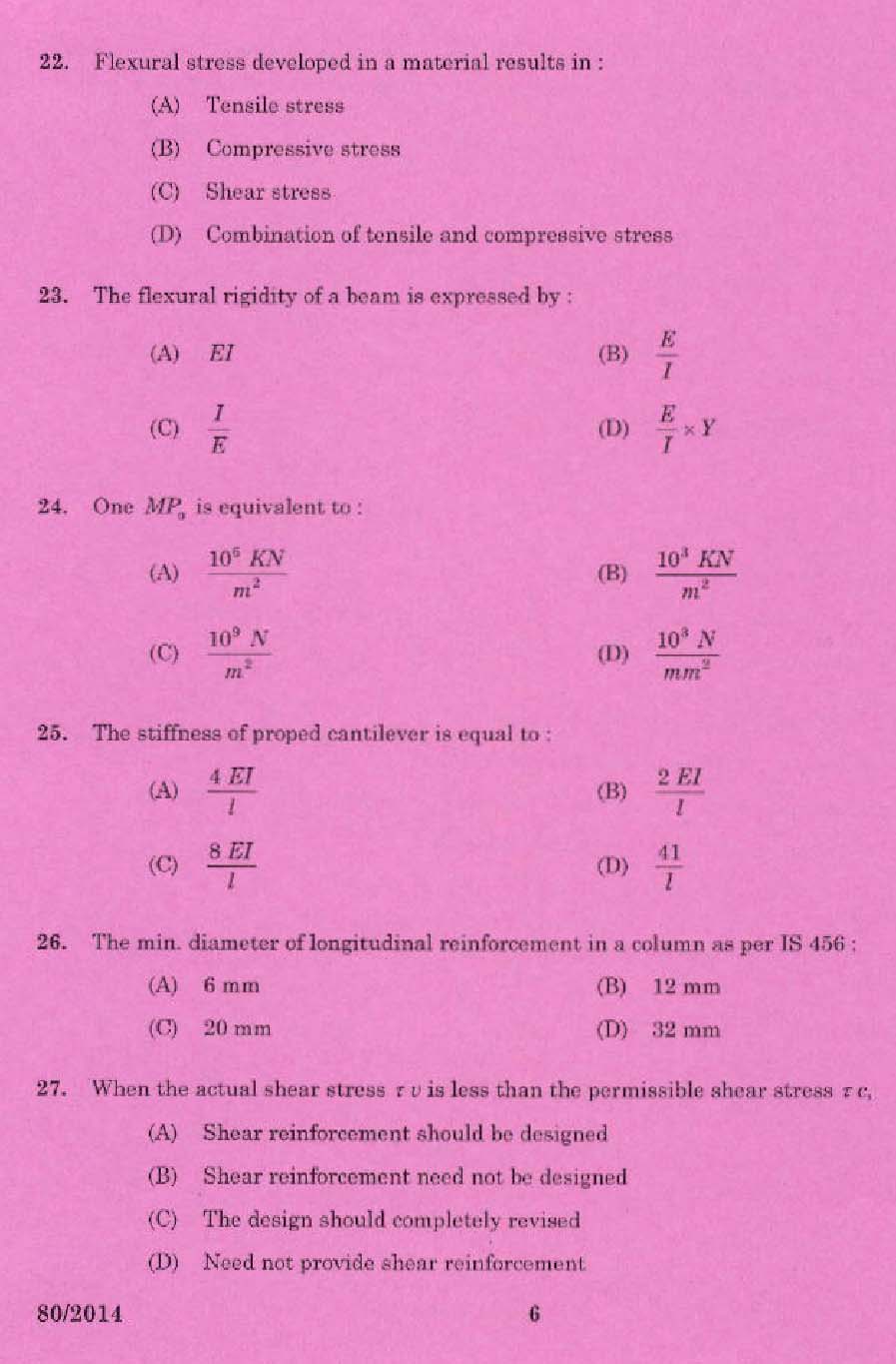 KPSC Draftsman Grade I Exam 2014 Code 802014 4