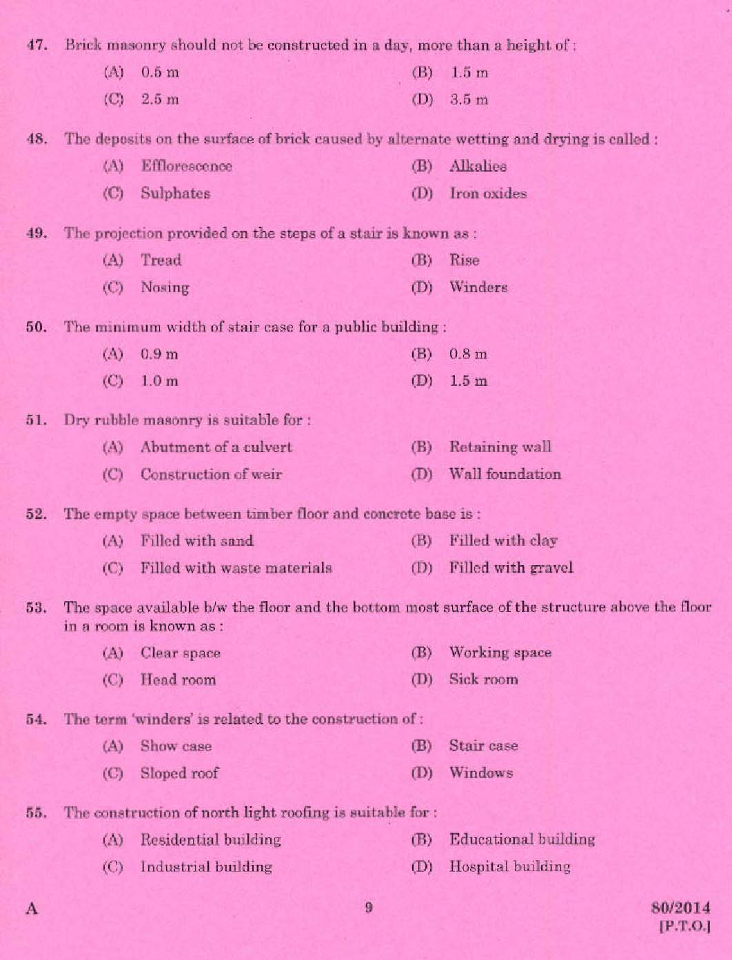 KPSC Draftsman Grade I Exam 2014 Code 802014 7