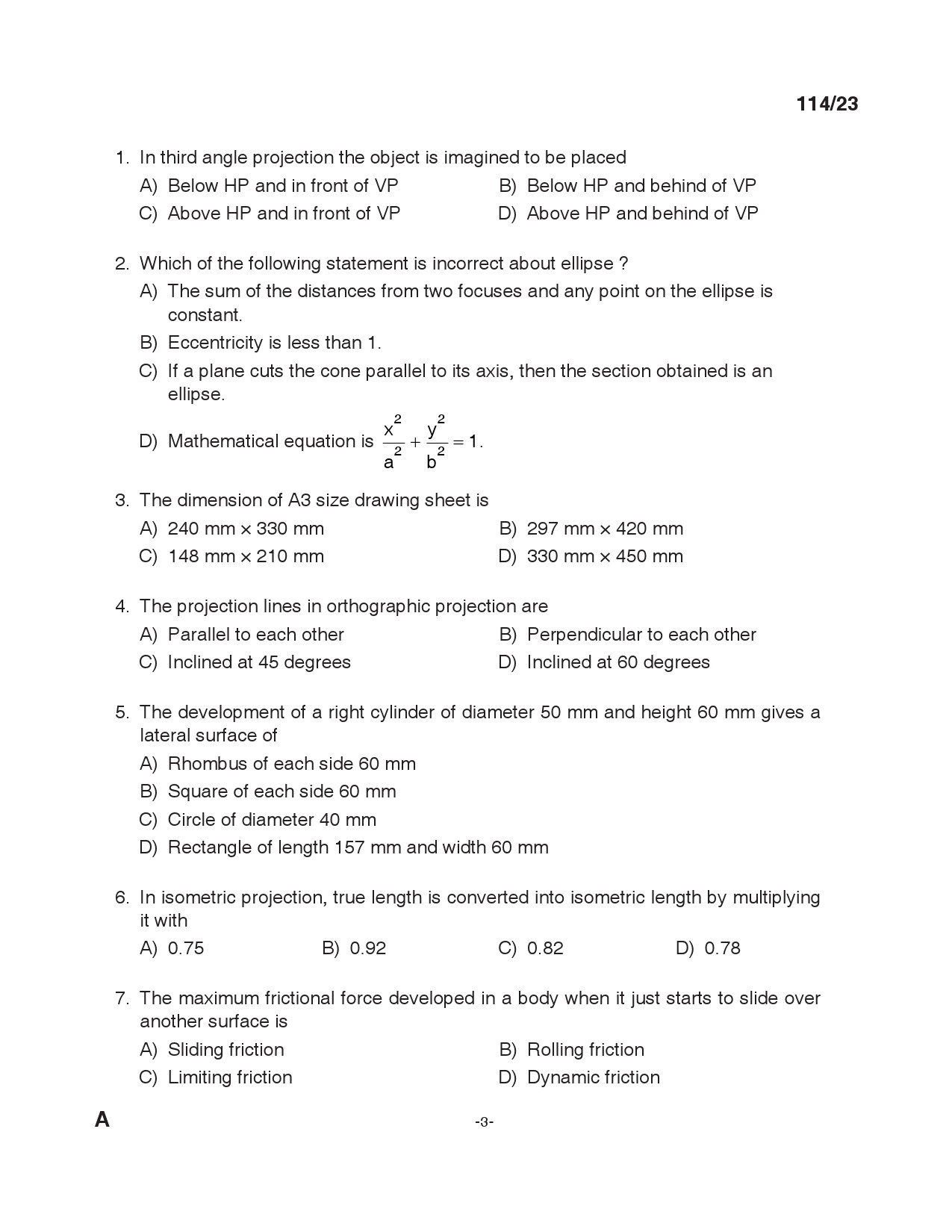 KPSC Draftsman Grade I Exam 2023 Code 1142023 2