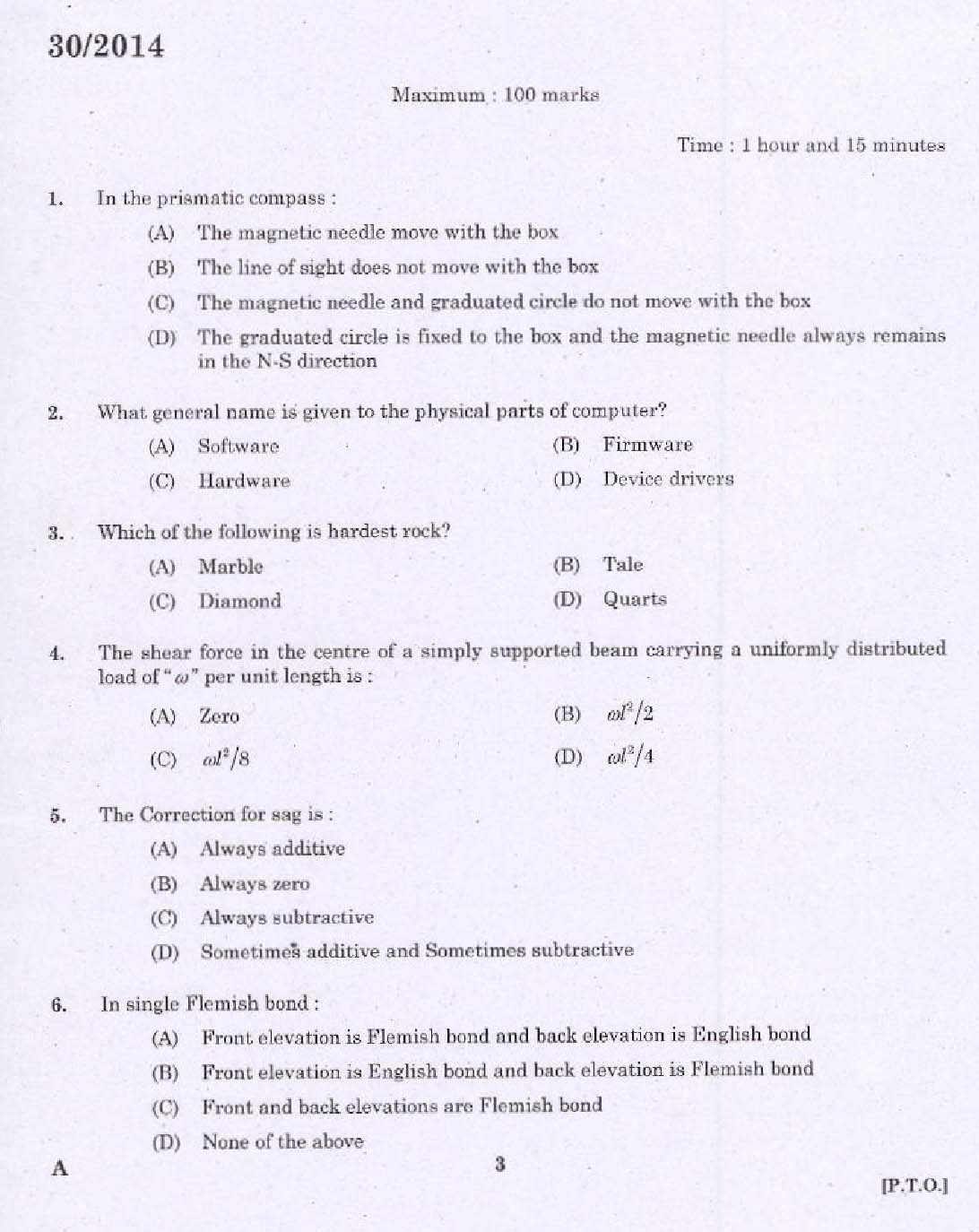 KPSC Draftsman Grade II Exam 2014 Code 302014 1