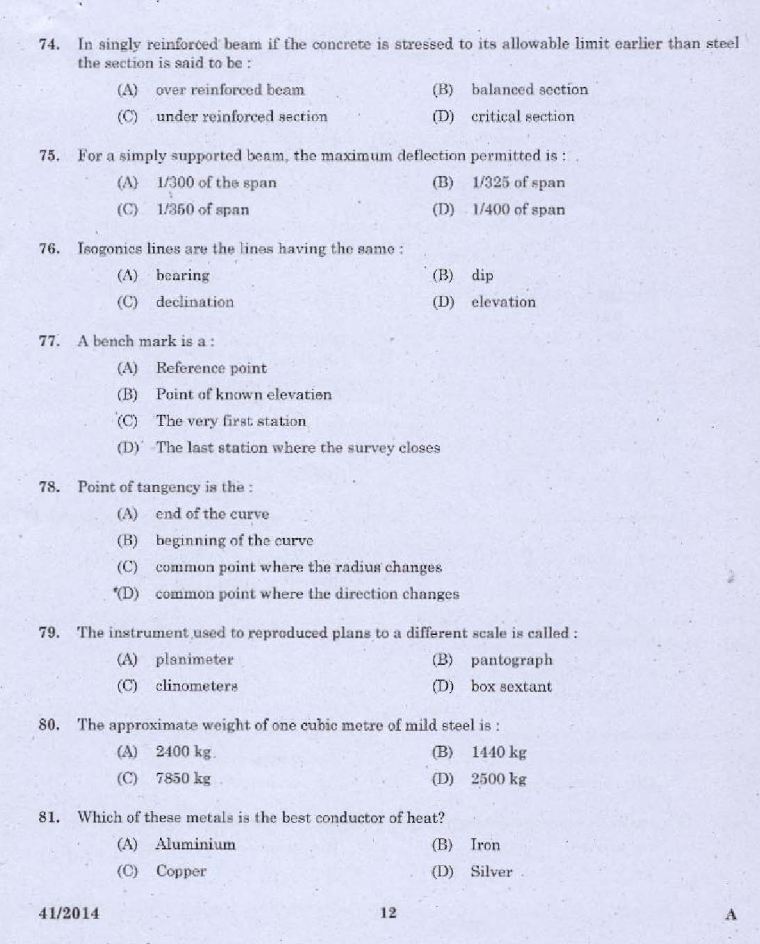 KPSC Draftsman Grade II Exam 2014 Code 412014 10