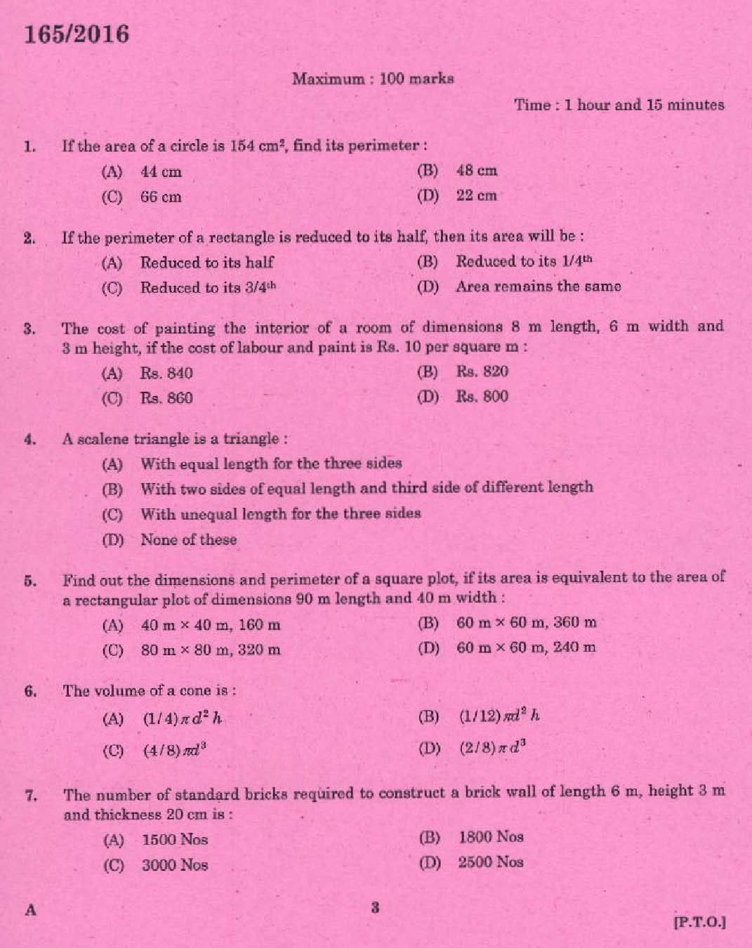 KPSC Draftsman Grade II Exam 2016 Code 1652016 1