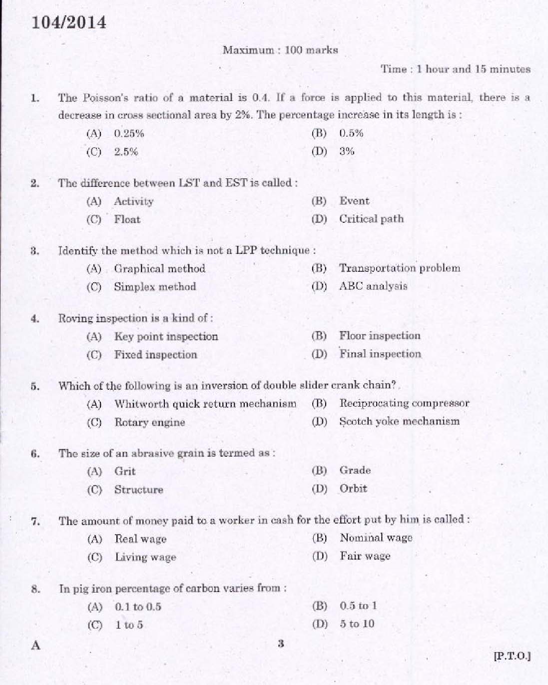 KPSC Draftsman Mechanical Grade I Exam 2014 Code 1042014 1