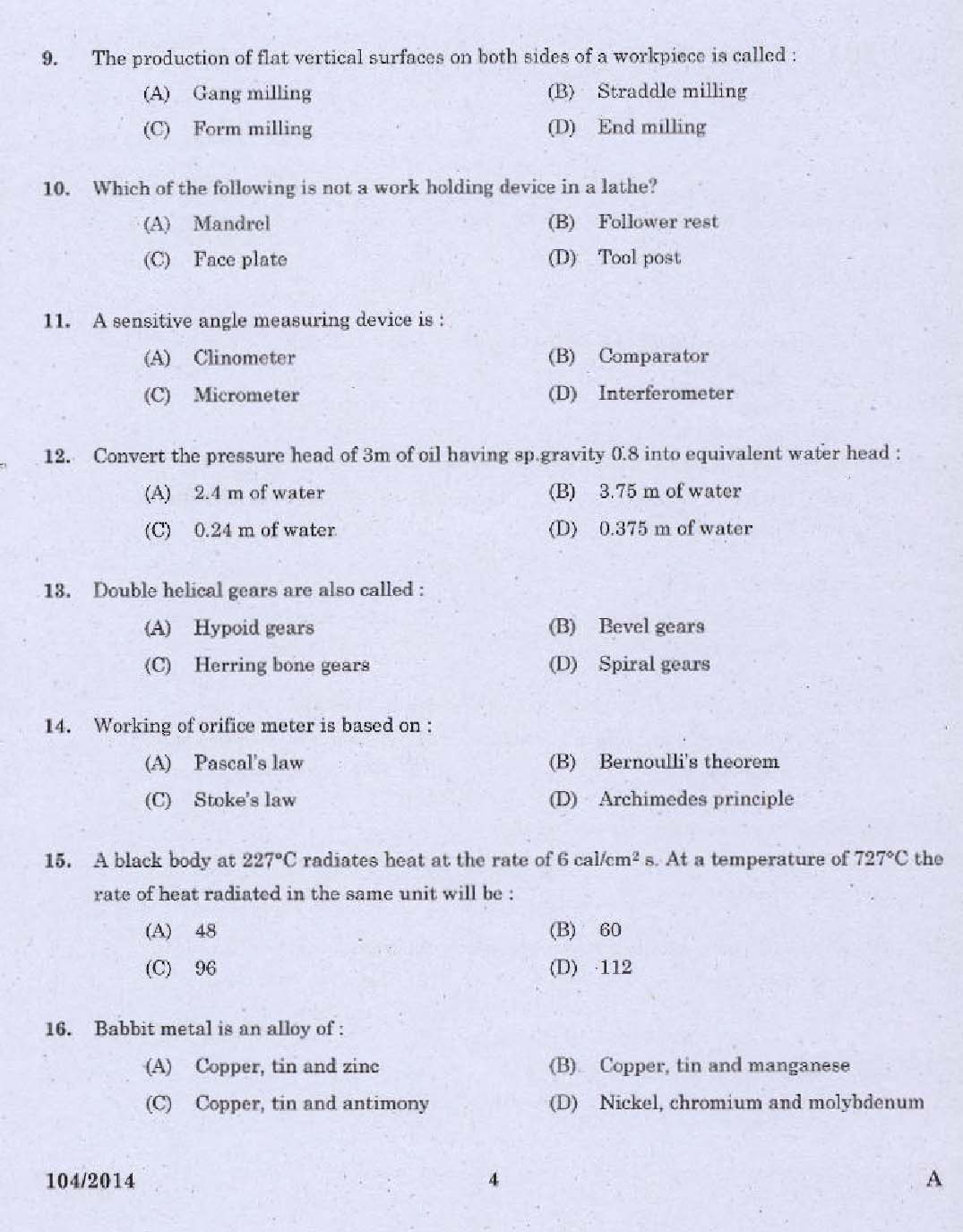 KPSC Draftsman Mechanical Grade I Exam 2014 Code 1042014 2