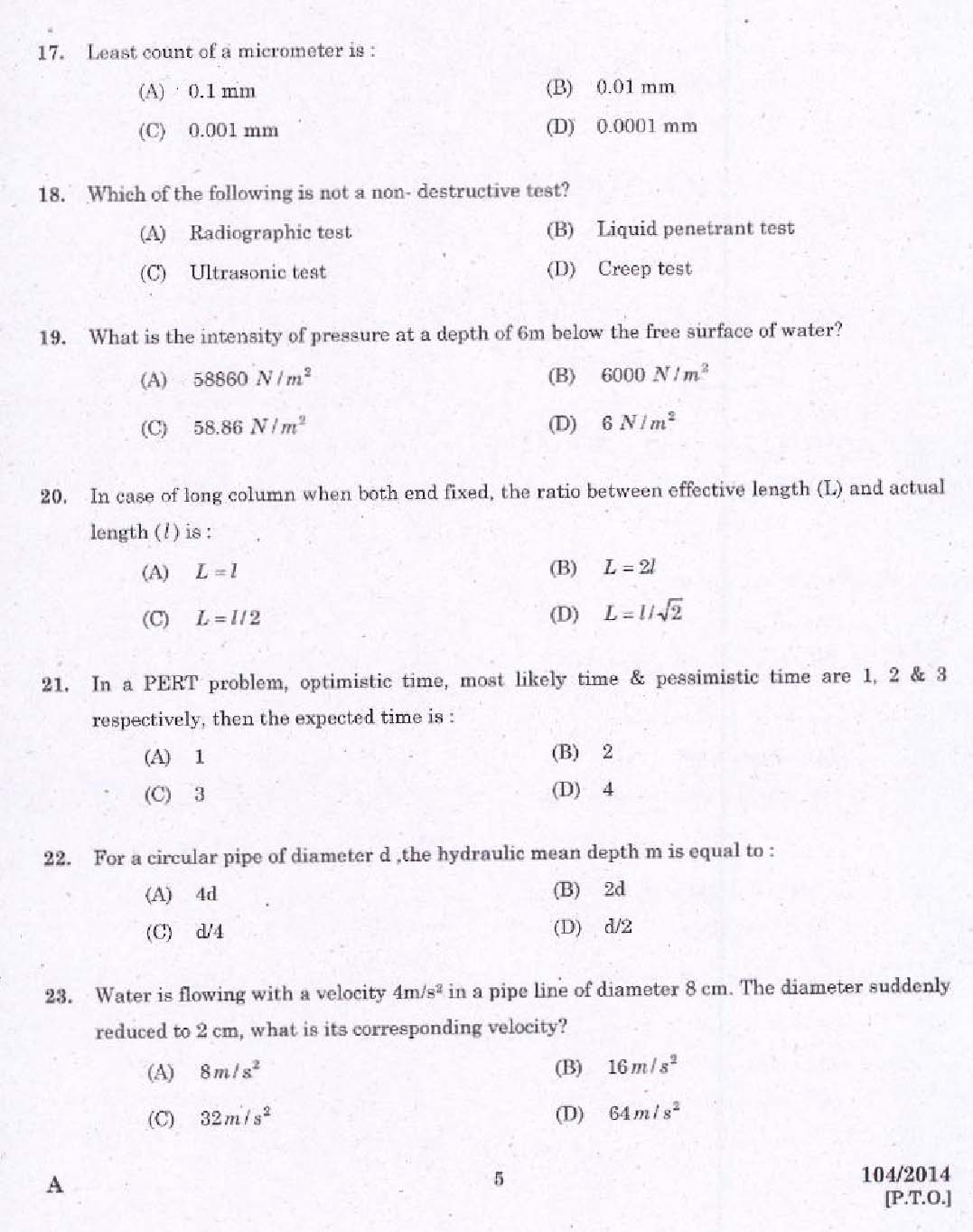 KPSC Draftsman Mechanical Grade I Exam 2014 Code 1042014 3