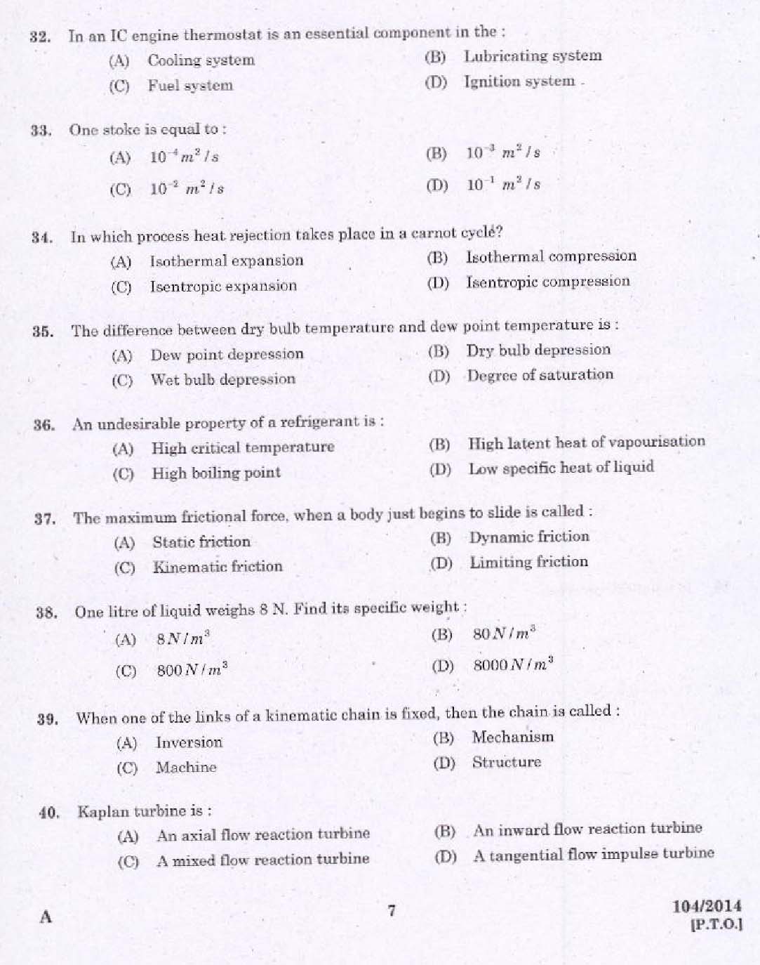 KPSC Draftsman Mechanical Grade I Exam 2014 Code 1042014 5