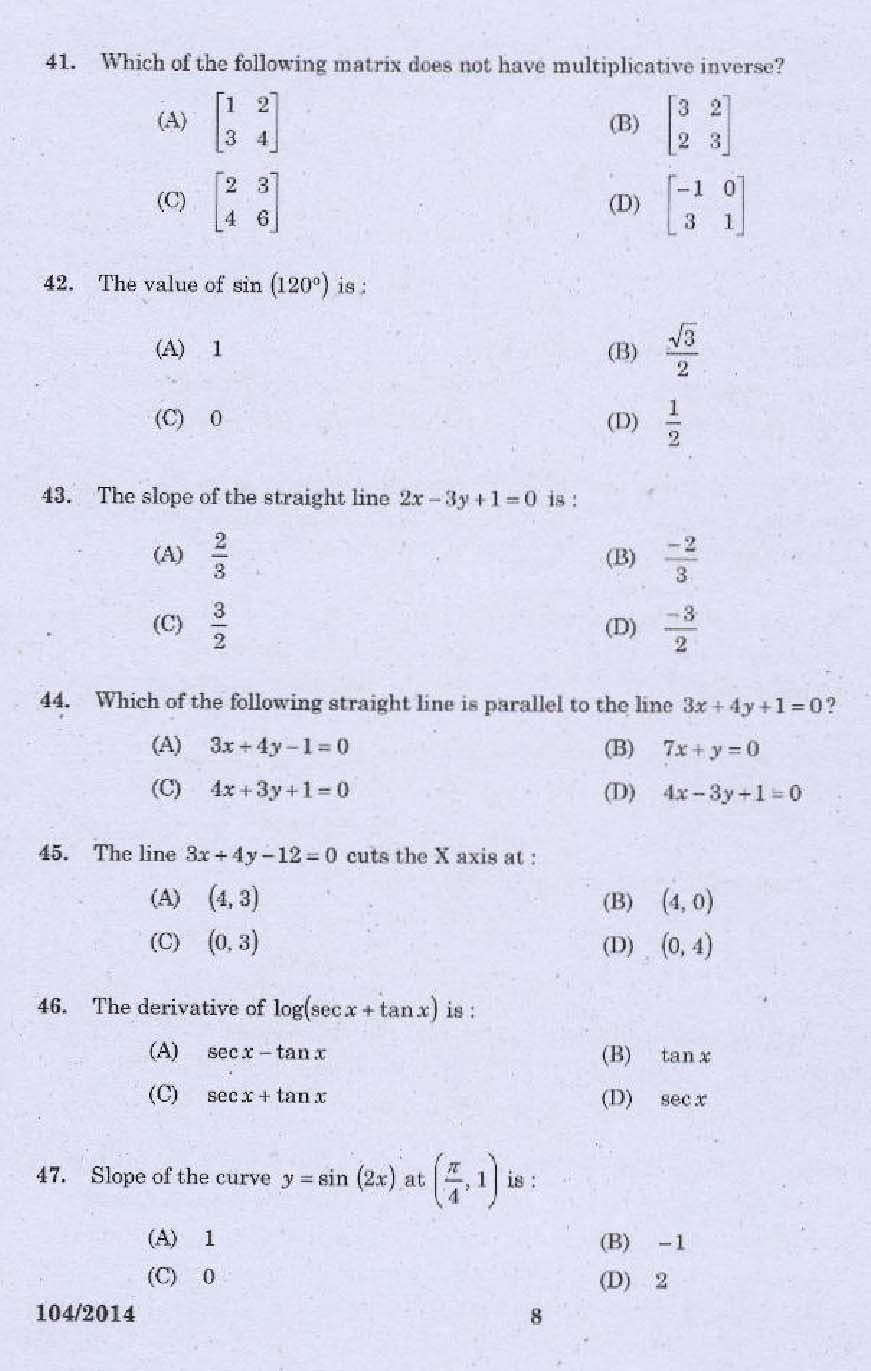 KPSC Draftsman Mechanical Grade I Exam 2014 Code 1042014 6