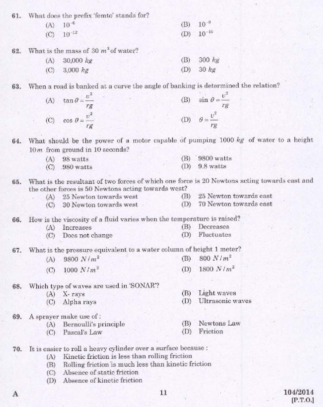 KPSC Draftsman Mechanical Grade I Exam 2014 Code 1042014 9