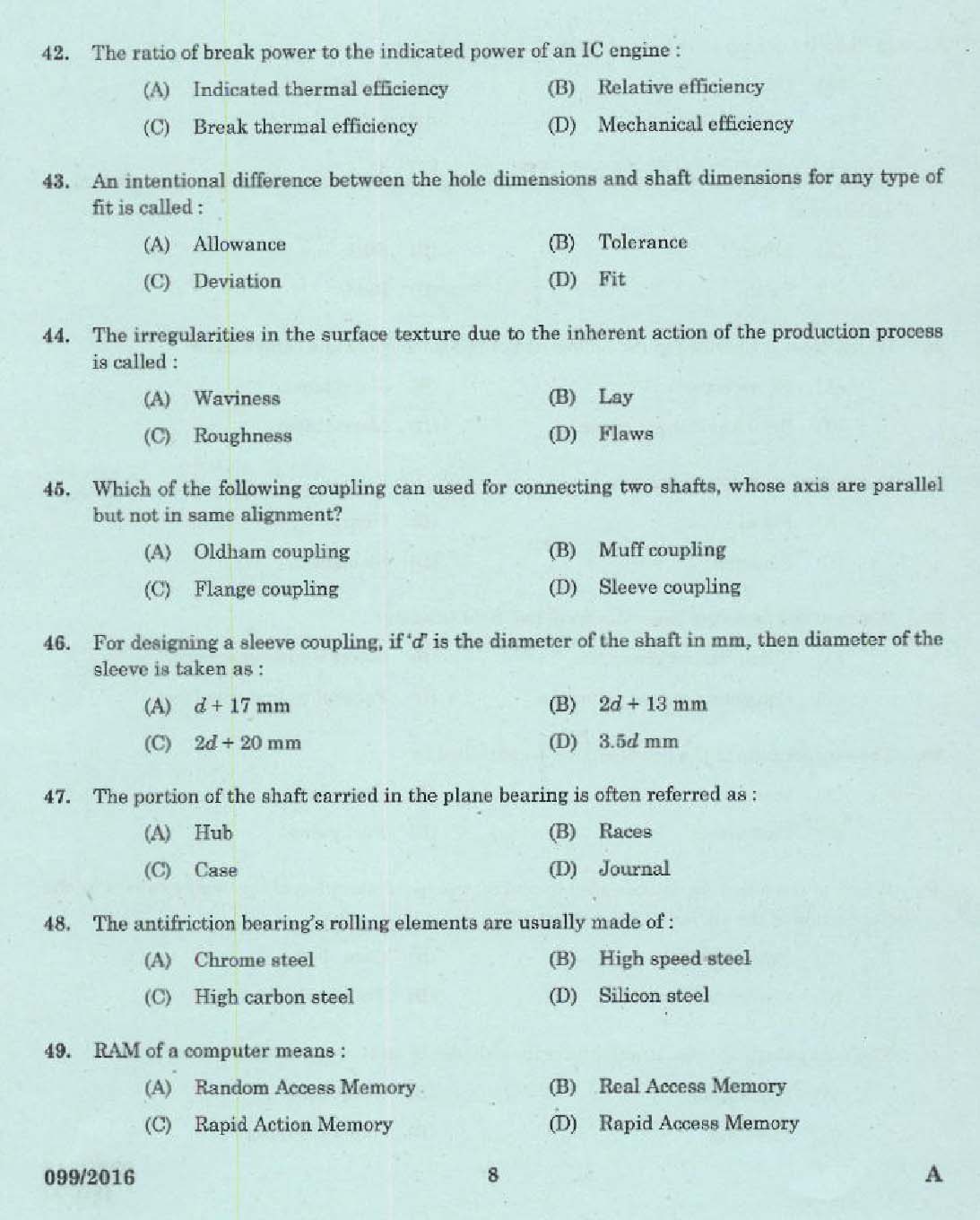 KPSC Draftsman Mechanical Grade II Exam 2016 Code 992016 6