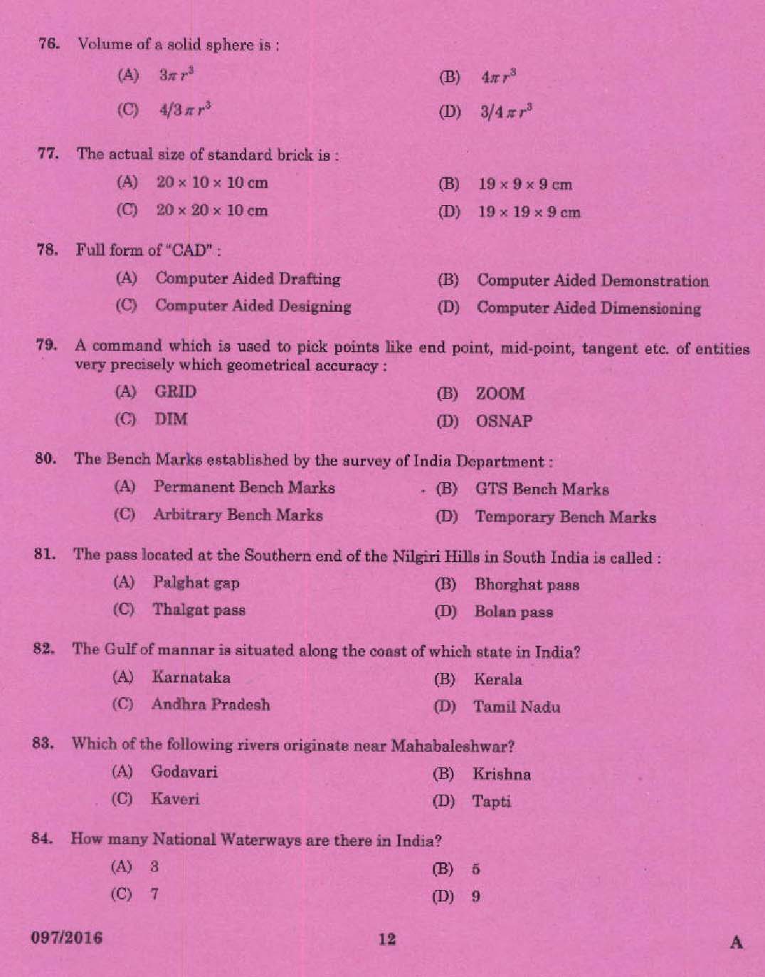 KPSC Draughtsman Grade II Exam 2016 Code 972016 10