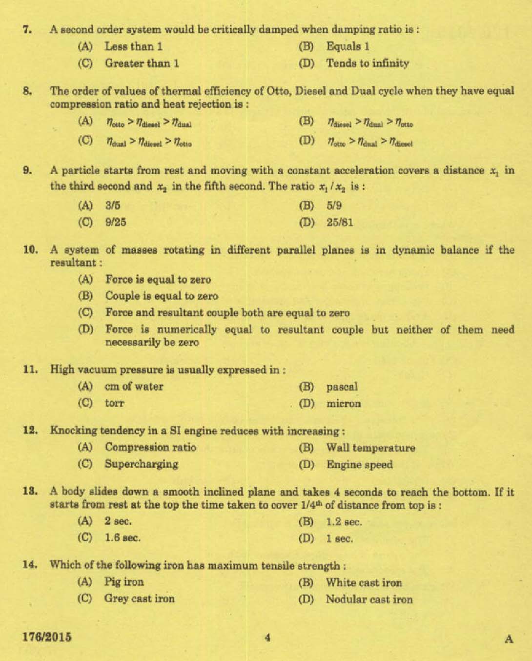 KPSC Instructor in Engineering Exam 2015 Code 1762015 2