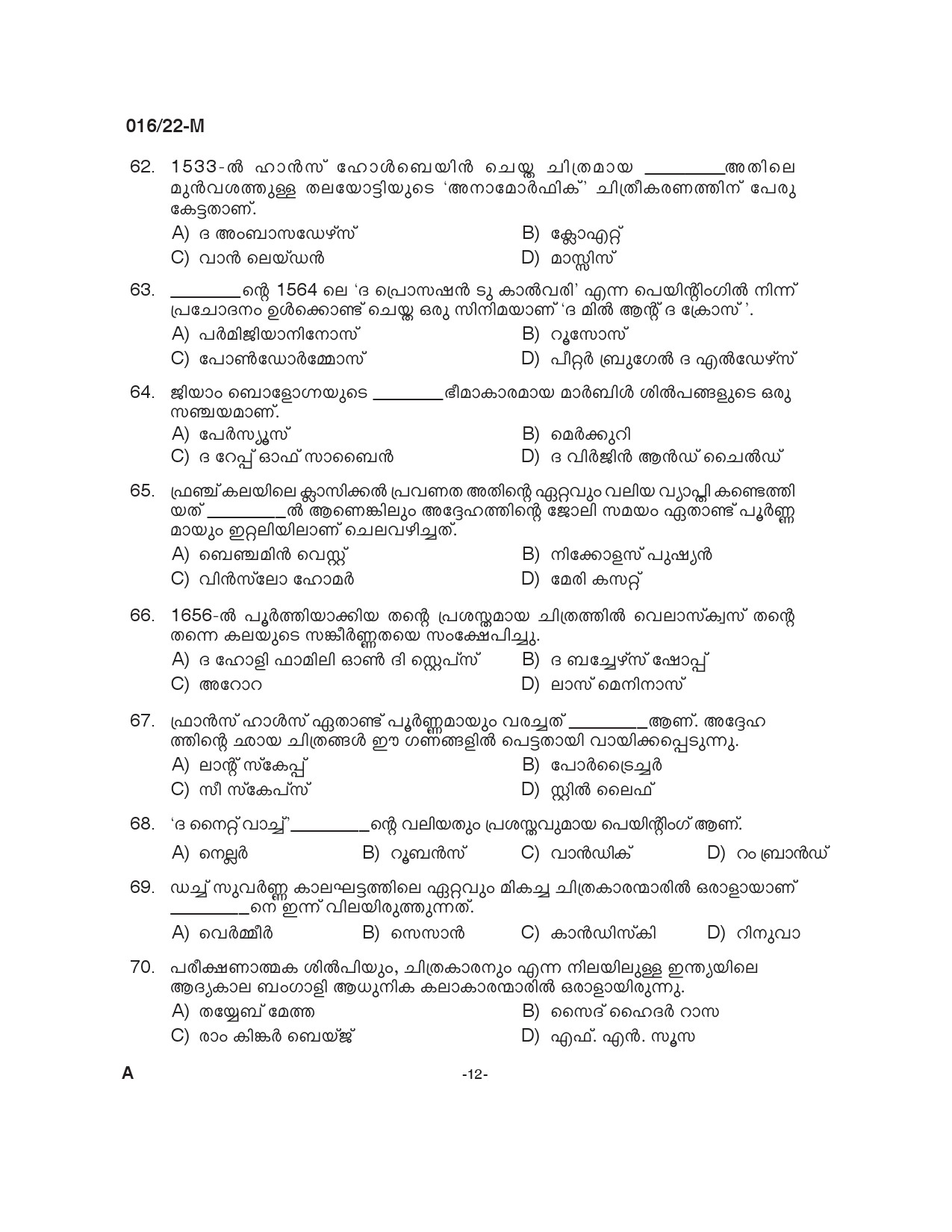 KPSC Drawing Teacher High School Malayalam Exam 2022 Code 0162022 11