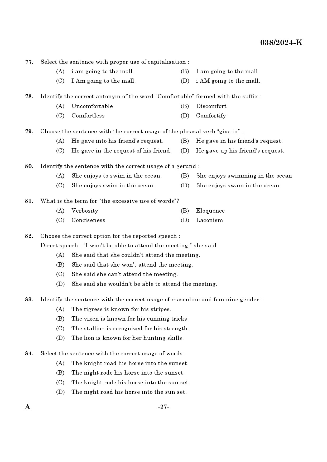 KPSC Excise Inspector Kannada Exam 2024 Code 0382024 K 26