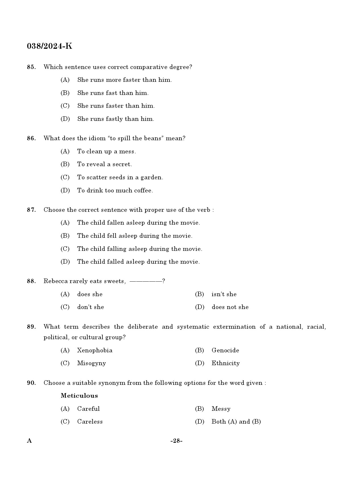 KPSC Excise Inspector Kannada Exam 2024 Code 0382024 K 27