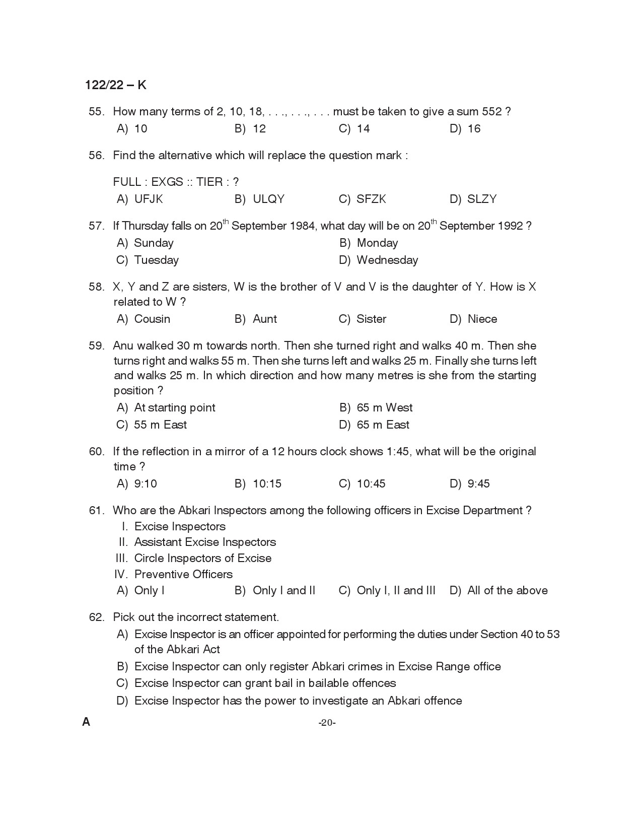 KPSC Excise Inspector Trainee Kannada Exam 2022 Code 1222022 20