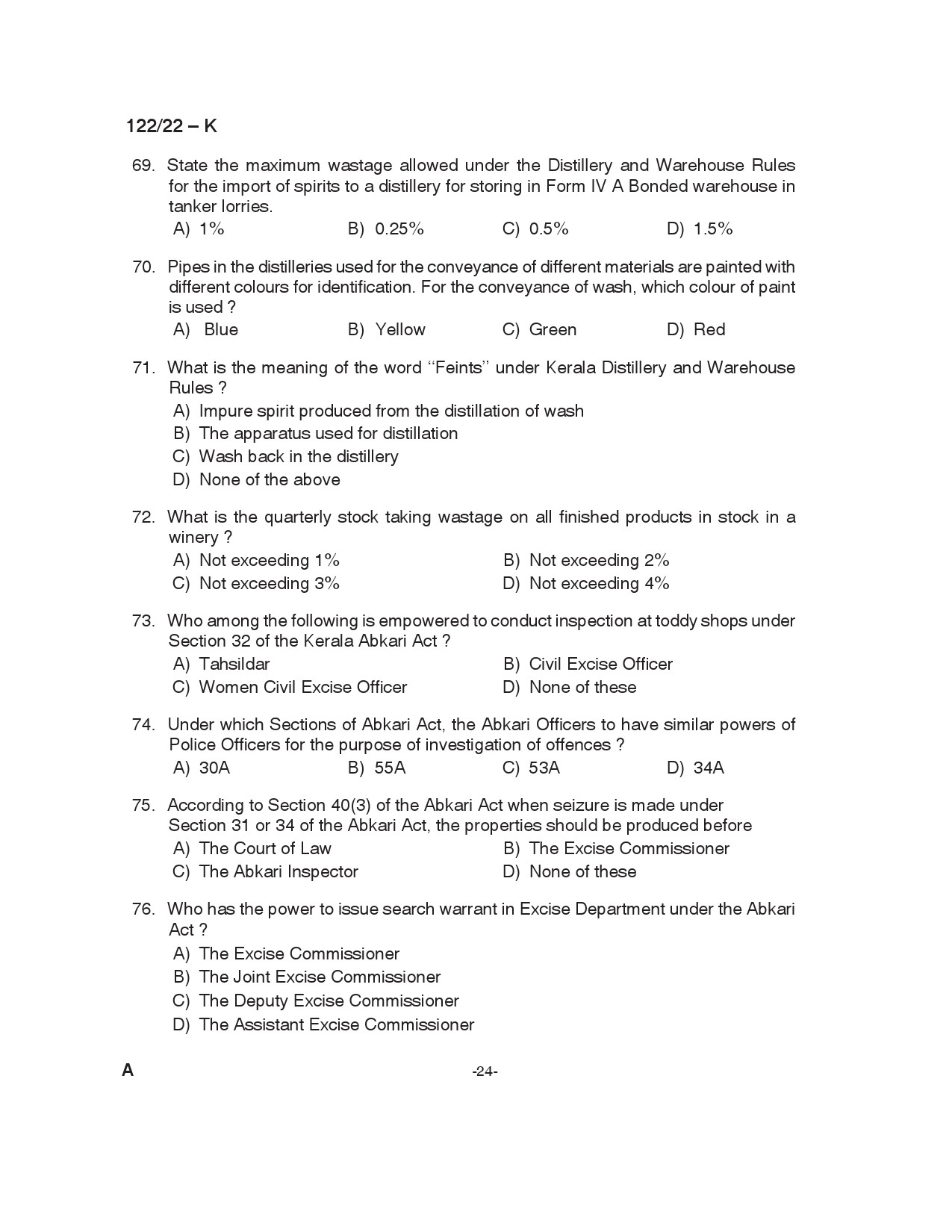 KPSC Excise Inspector Trainee Kannada Exam 2022 Code 1222022 24