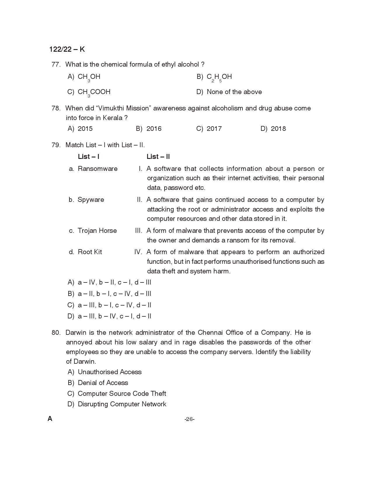 KPSC Excise Inspector Trainee Kannada Exam 2022 Code 1222022 26