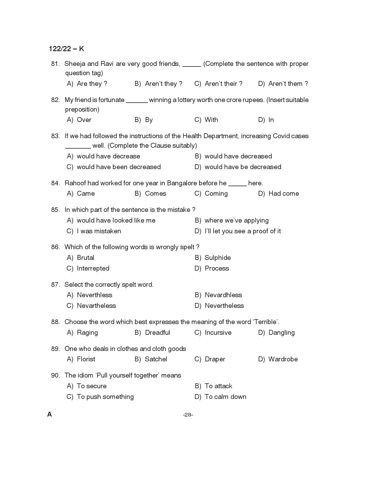 KPSC Excise Inspector Trainee Kannada Exam 2022 Code 1222022 28