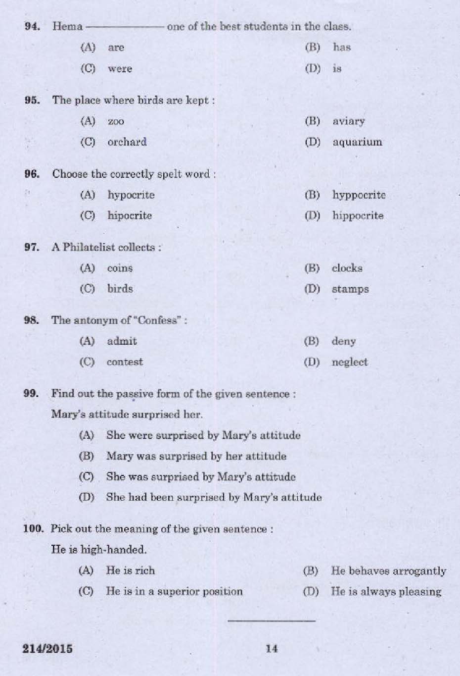 KPSC Food Safety Officer Exam 2015 Code 2142015 12