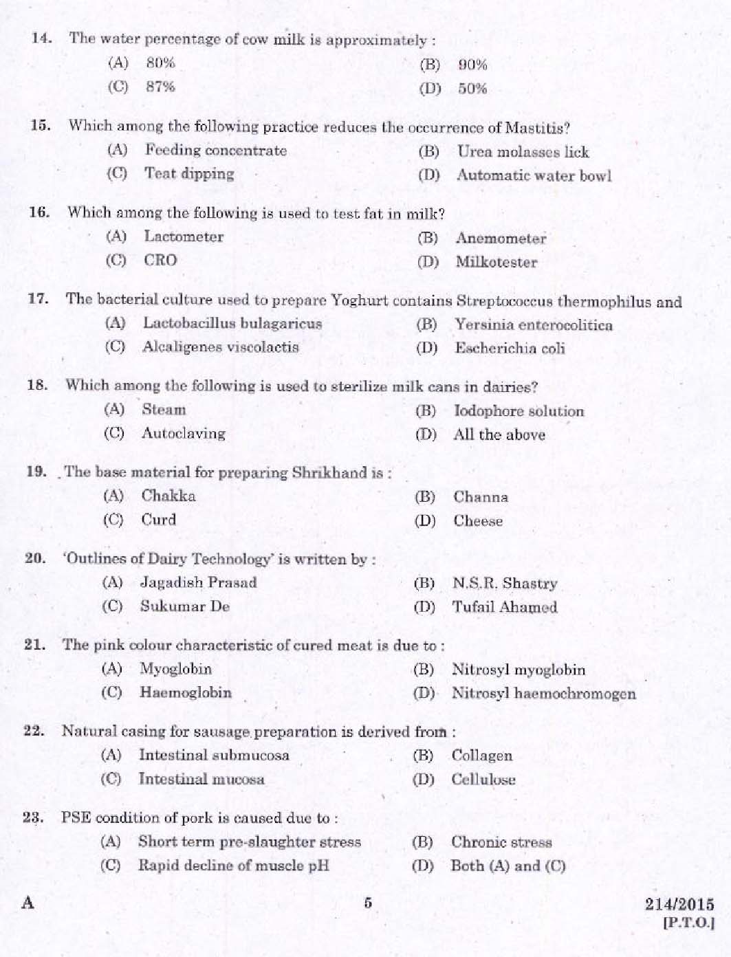 Kerala PSC Food Safety Officer Exam 2015 Question Code 214/2015