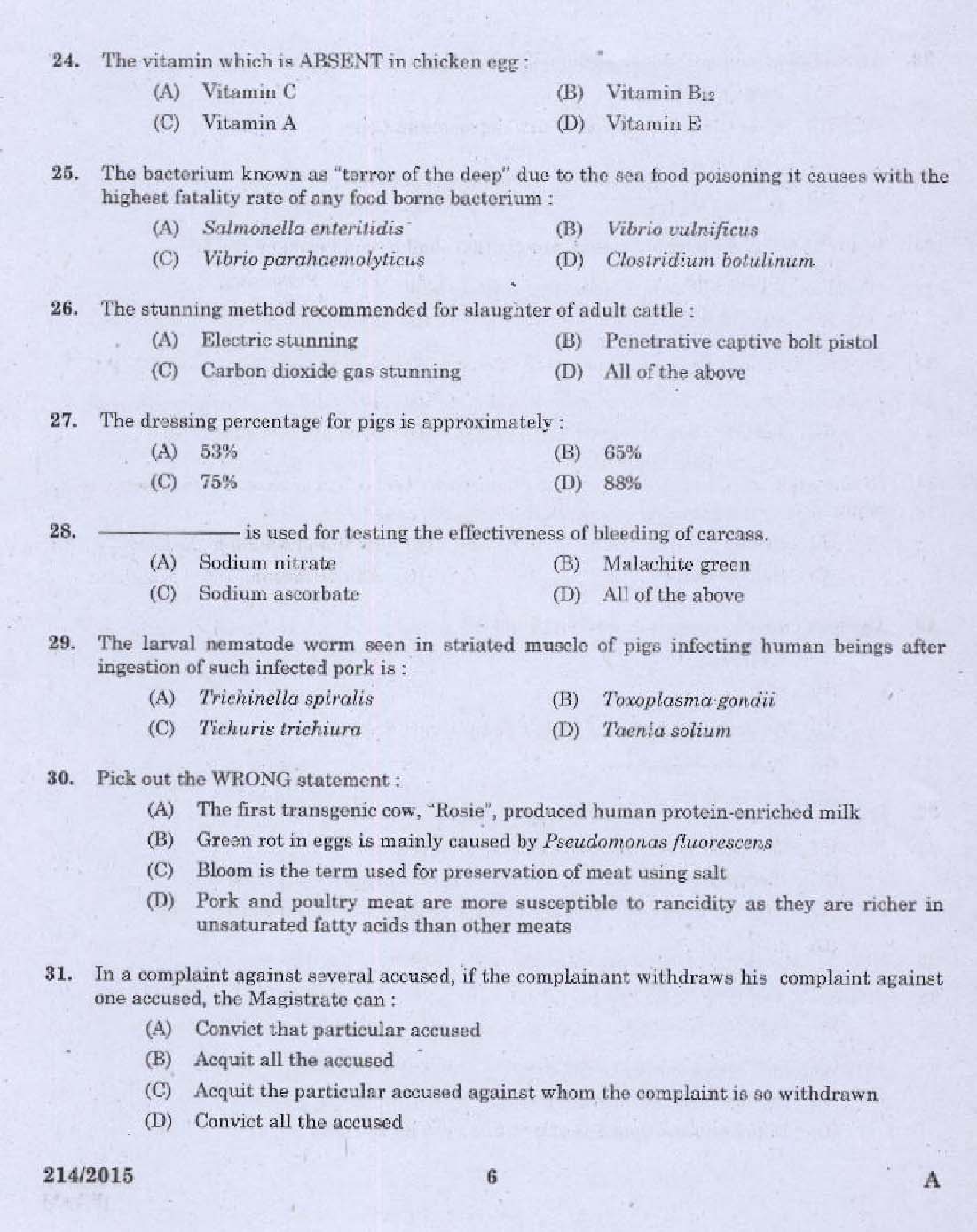 KPSC Food Safety Officer Exam 2015 Code 2142015 4