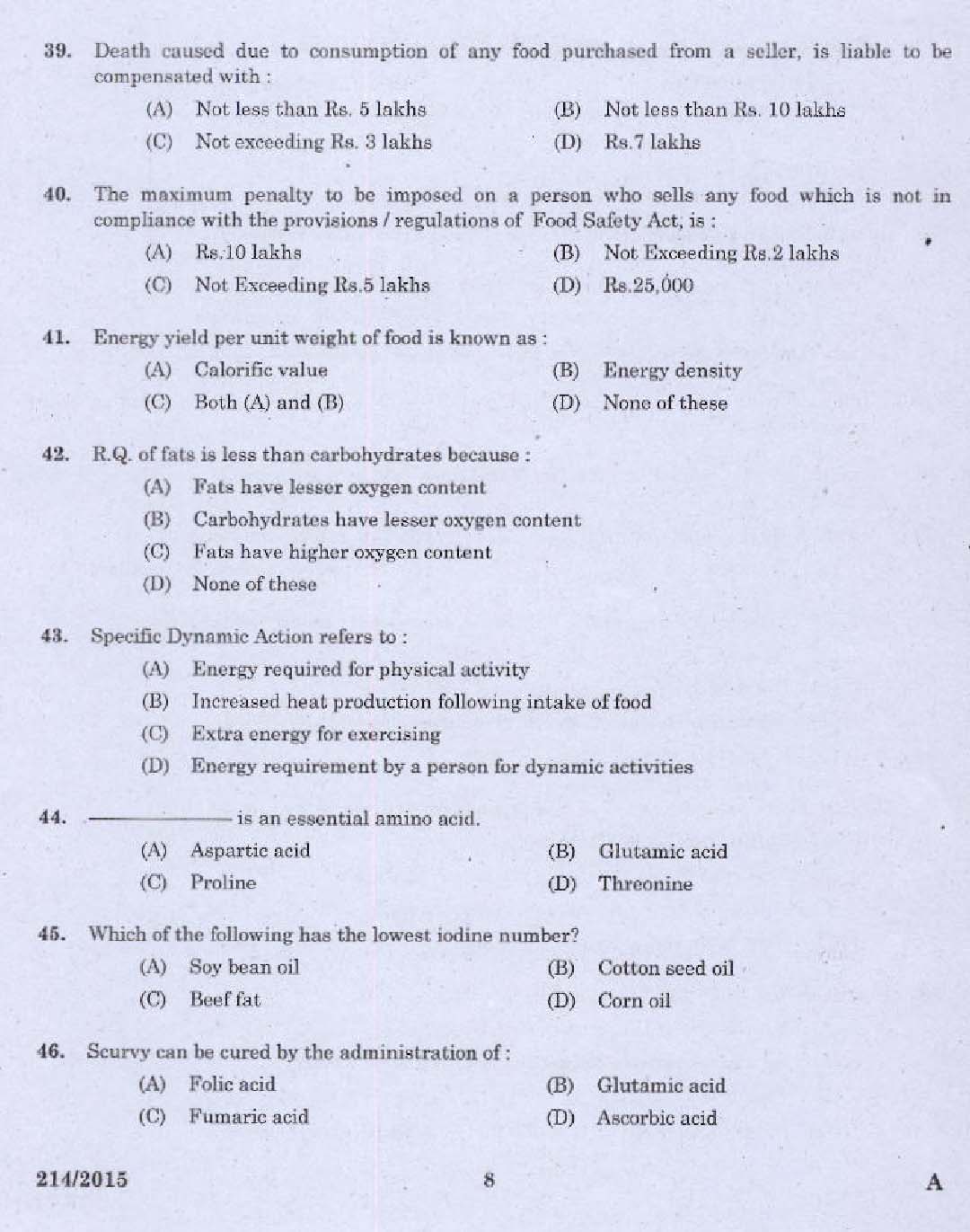 KPSC Food Safety Officer Exam 2015 Code 2142015 6