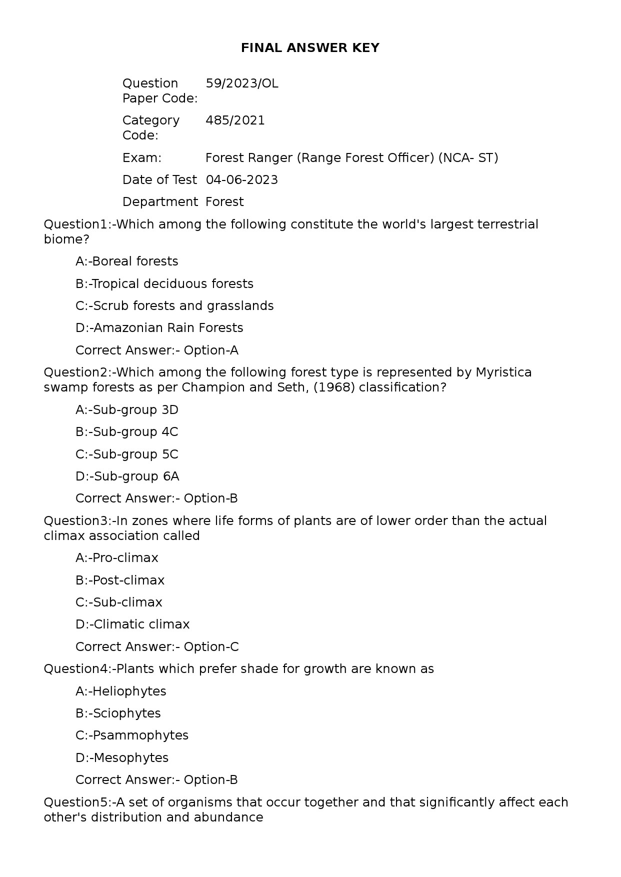 KPSC Forest Ranger Exam 2023 Code 592023OL 1