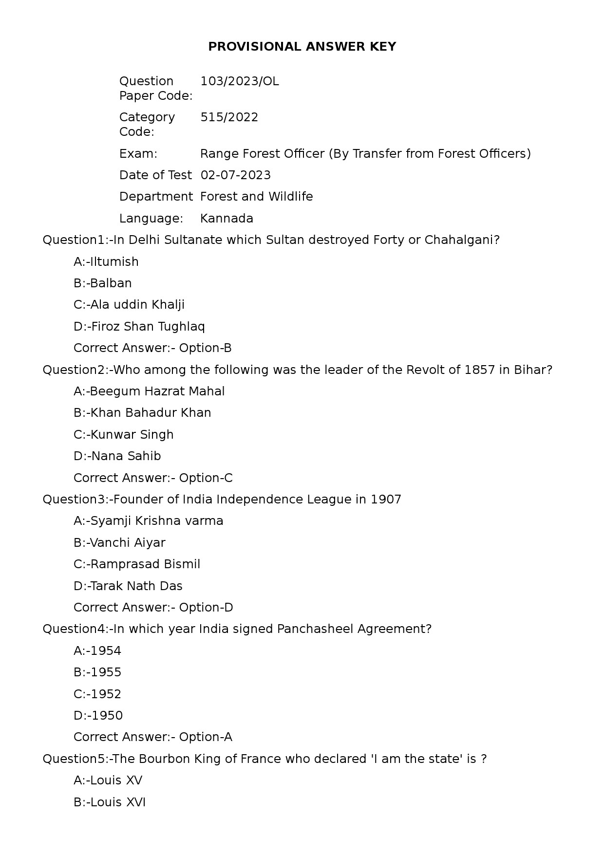 KPSC Range Forest Officer Kannada Exam 2023 Code 1032023OL 1