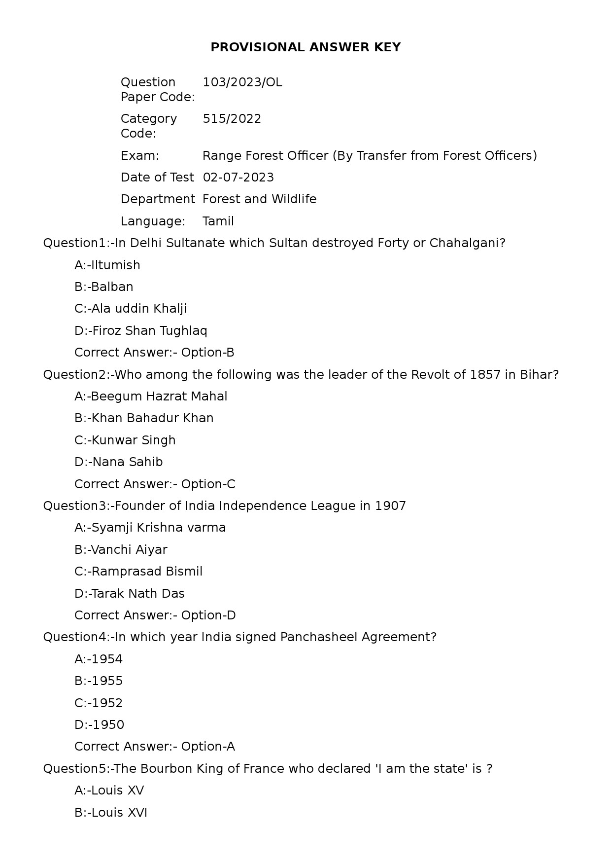 KPSC Range Forest Officer Tamil Exam 2023 Code 1032023OL 1