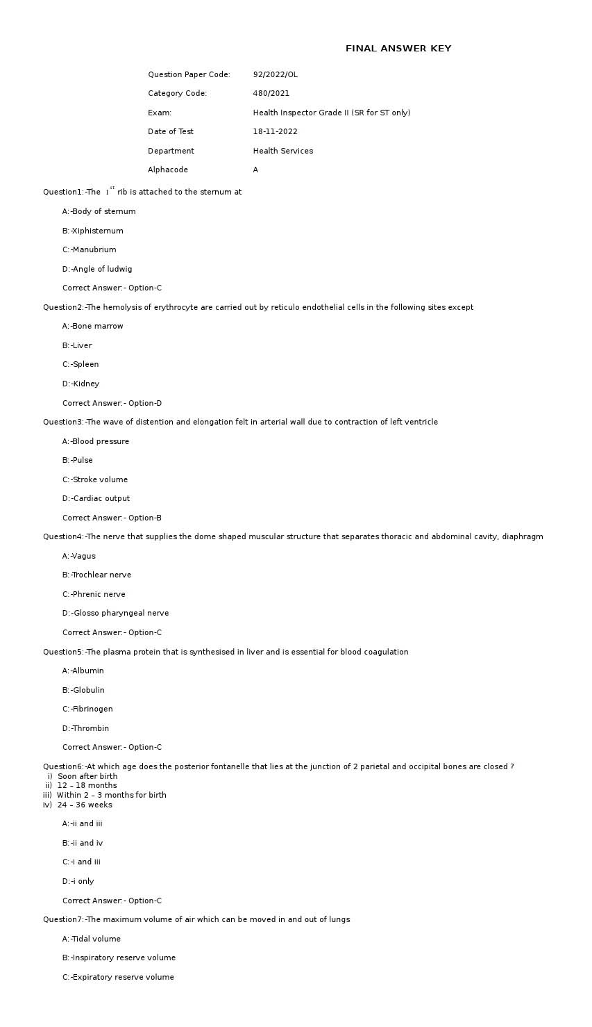 KPSC Health Inspector Grade II Exam 2022 Code 922022OL 1