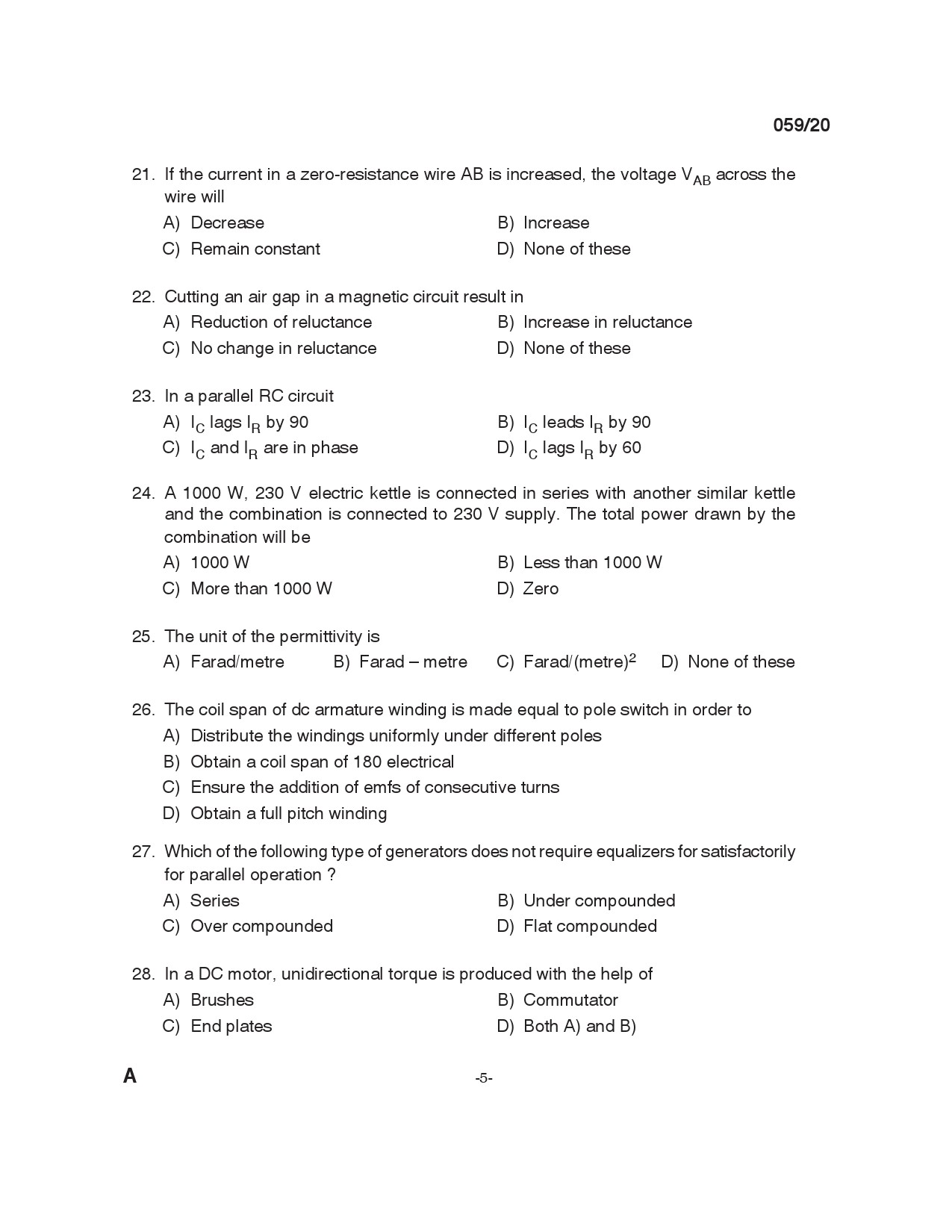 KPSC Instructor Grade 1 Electrical Engineering Exam 2020 Code 0592020 4