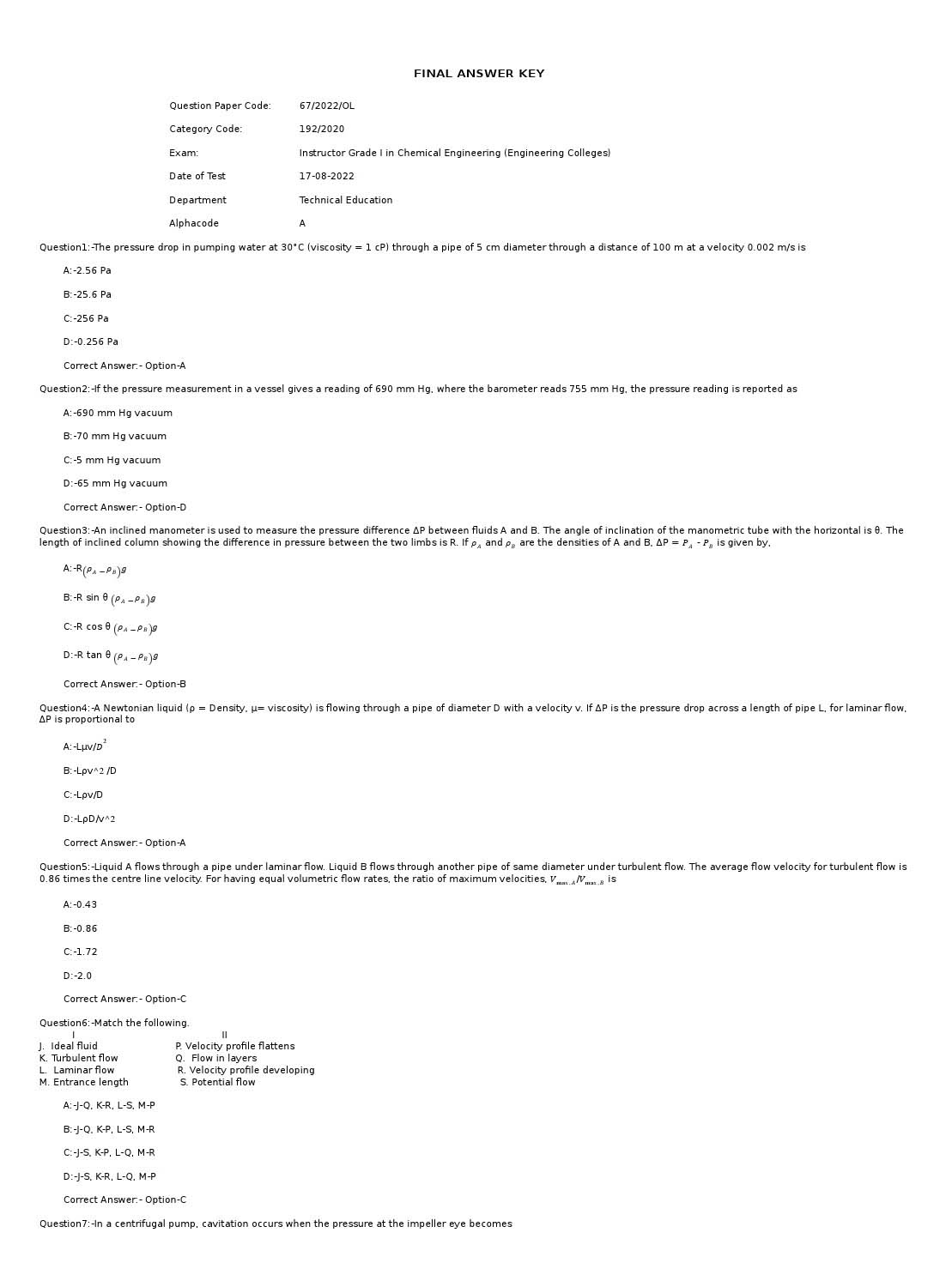 KPSC Instructor Grade I in Chemical Engineering Exam 2022 Code 672022OL 1