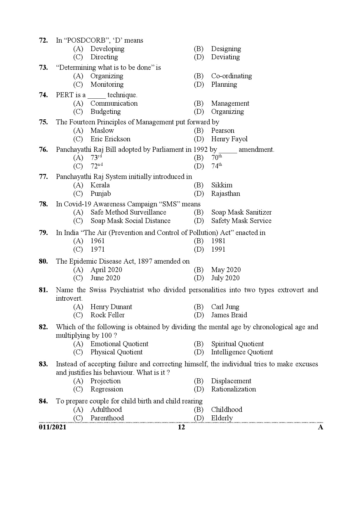 KPSC Junior Health Inspector Grade II Exam 2021 Code 0112021 11