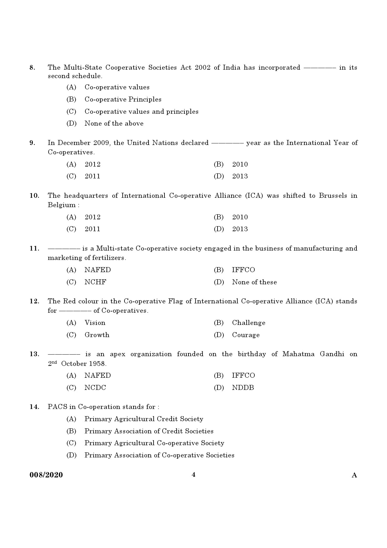 KPSC Junior Inspector of Co Operative Societies Exam 2020 Code 0082020 2